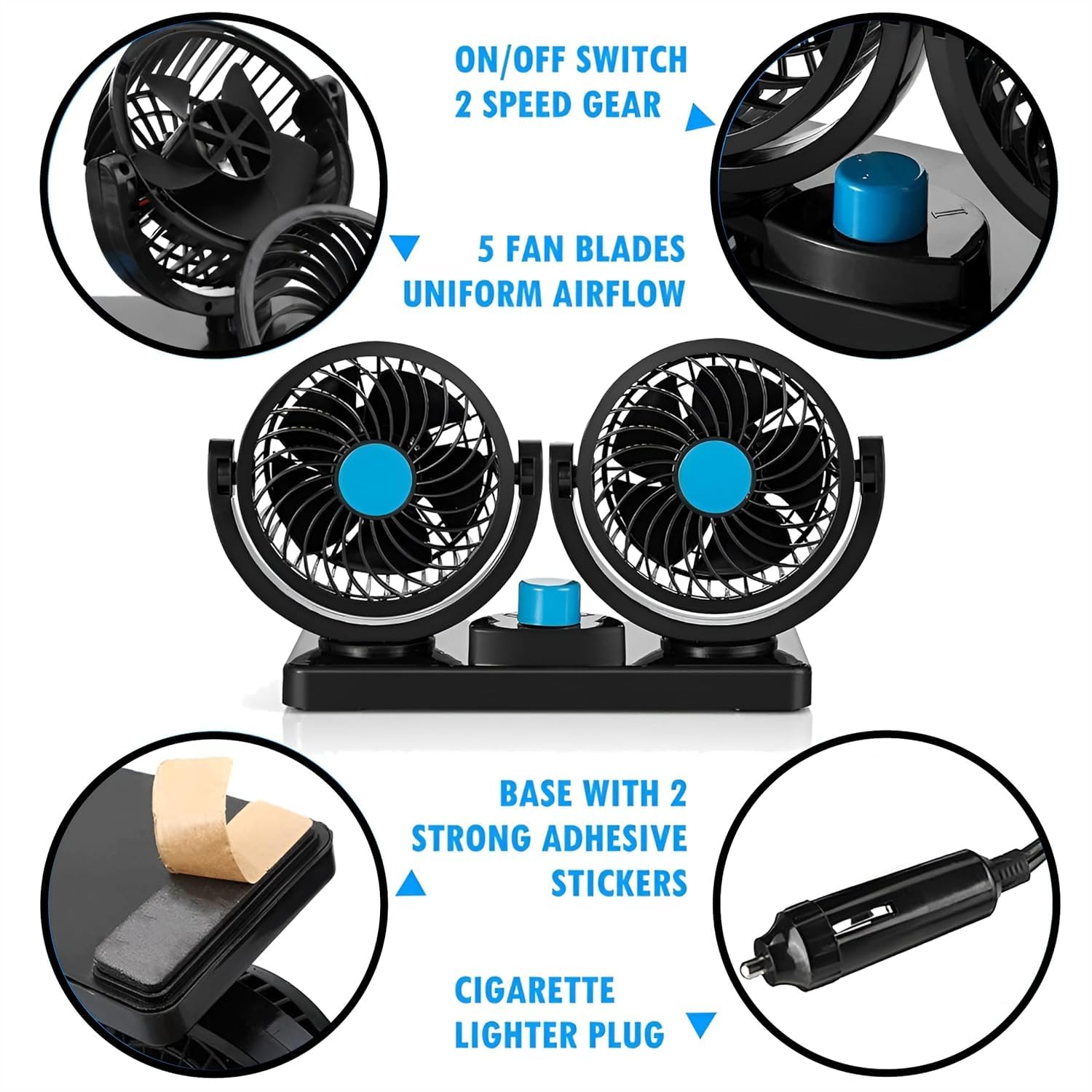 OBEROI'S TRADERS Car Dashboard Double Headed High Speed Wind Smooth Air Fan 2 Speed Power Rotation Adjustable 360 Degree Rotatable Head Cooling Air Fan Universal For All Cars