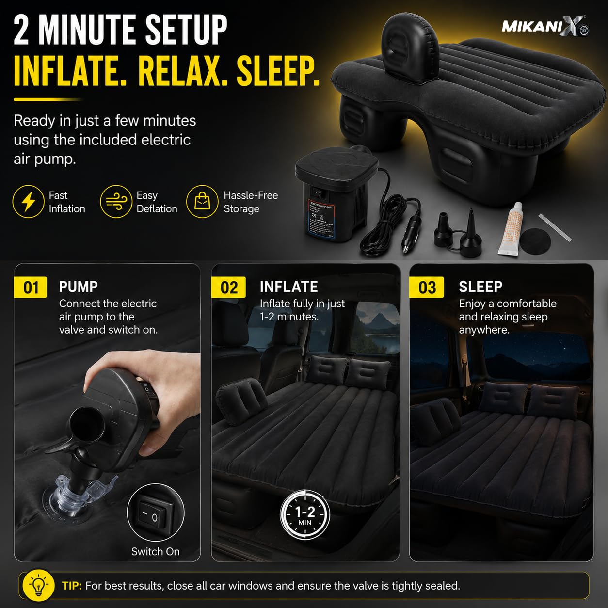 MIKANIX Inflatable Car Mattress Back Seat Air Bed for SUV, Sedan & Truck Travel | Portable Camping Air Mattress Bed with Portable Electric Air Pump, 2 Pillows, Repair Kit & Head Protection