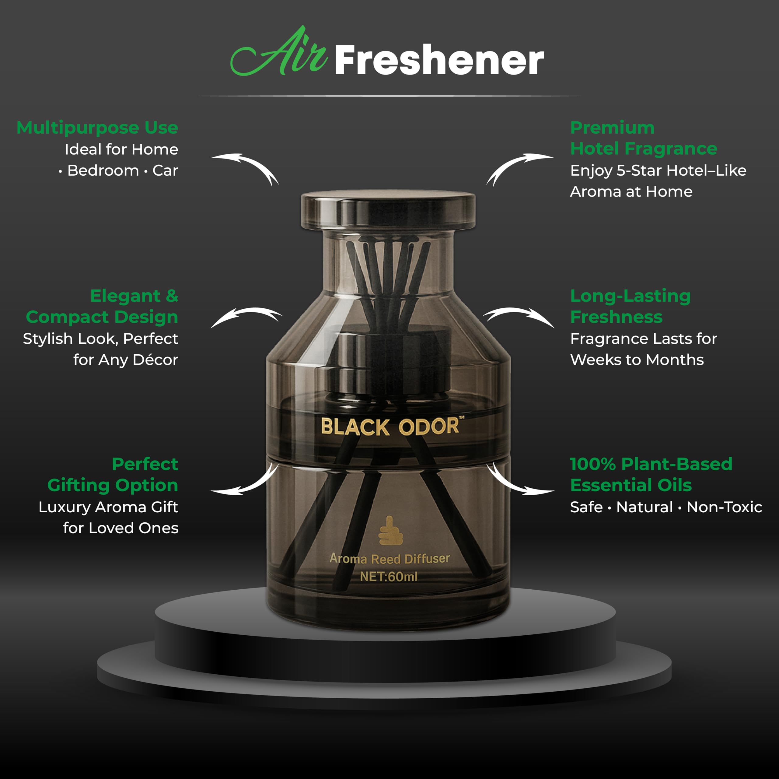 MIKANIX Black Odor Reed Diffuser 60ml | Luxury 5-Star Hotel Fragrance | Home, Bedroom & Car Air Freshener (BO-12)