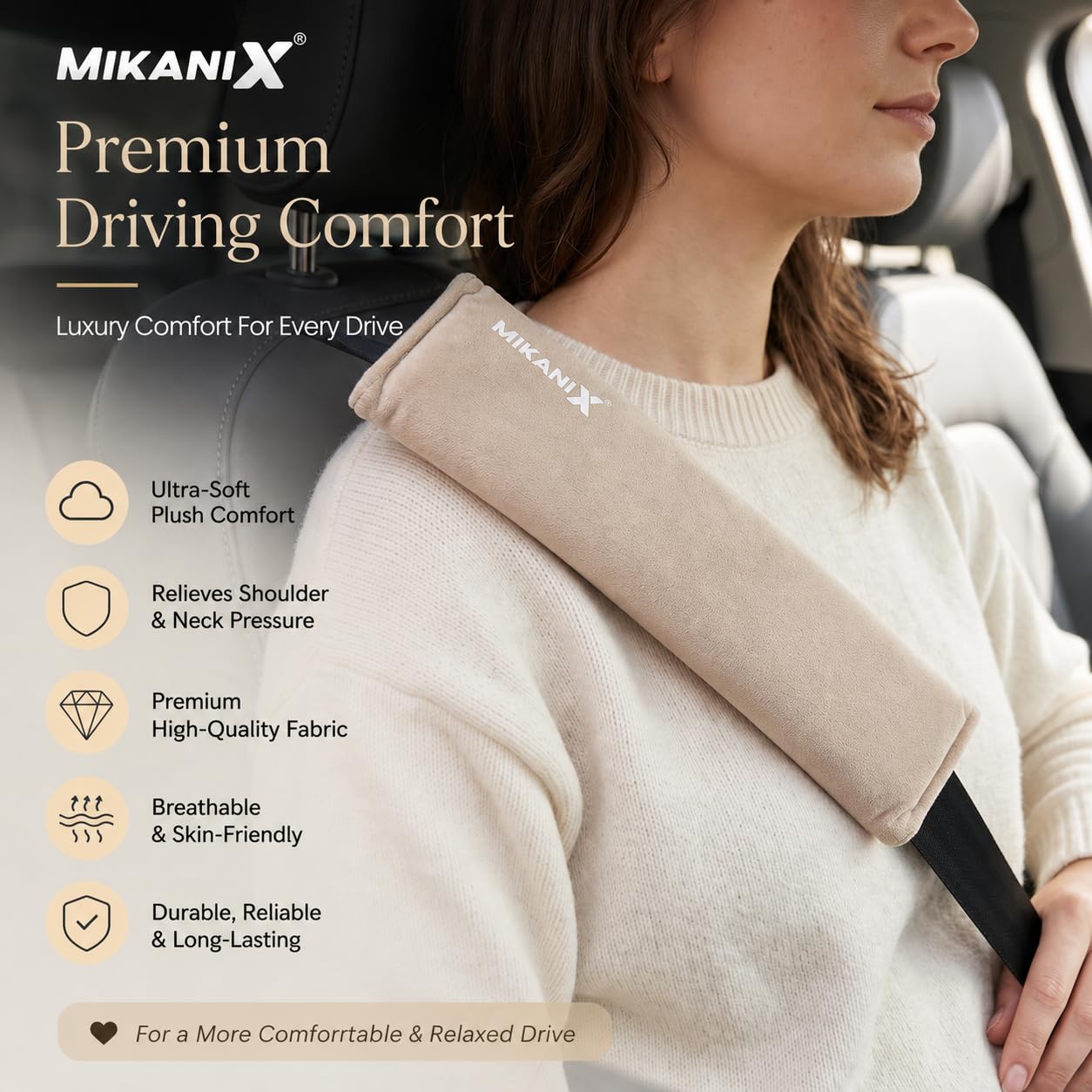MIKANIX Car Seat Belt Shoulder Pad | Ultra Soft Fabric Suede Belt Cover | Universal Seat Belt Sleeve For Cars, SUVs & Vehicles | Reduces Shoulder Pressure & Neck Comfort for Daily & Long Drives