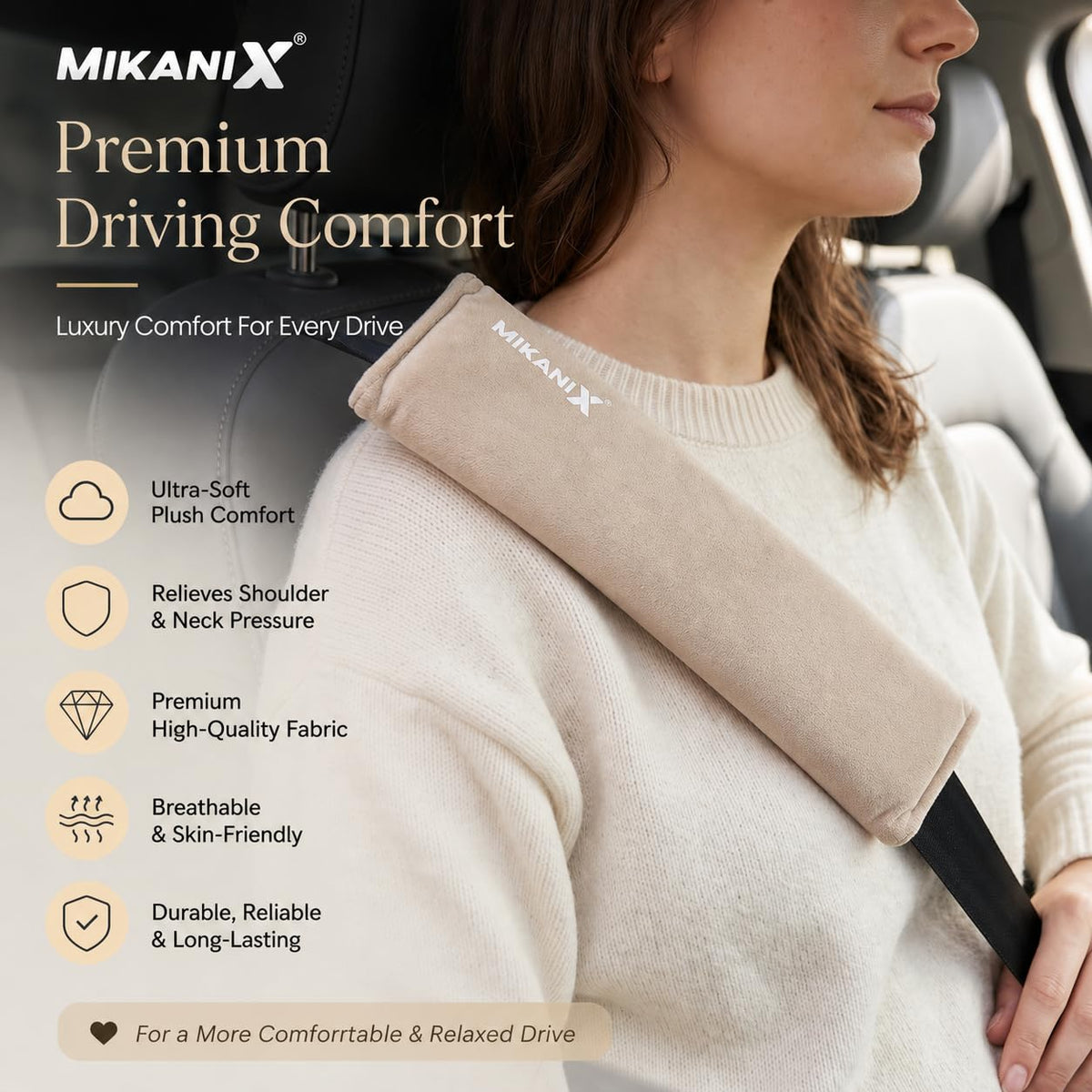 MIKANIX Car Seat Belt Shoulder Pad | Ultra Soft Fabric Suede Belt Cover | Universal Seat Belt Sleeve For Cars, SUVs & Vehicles | Reduces Shoulder Pressure & Neck Comfort for Daily & Long Drives