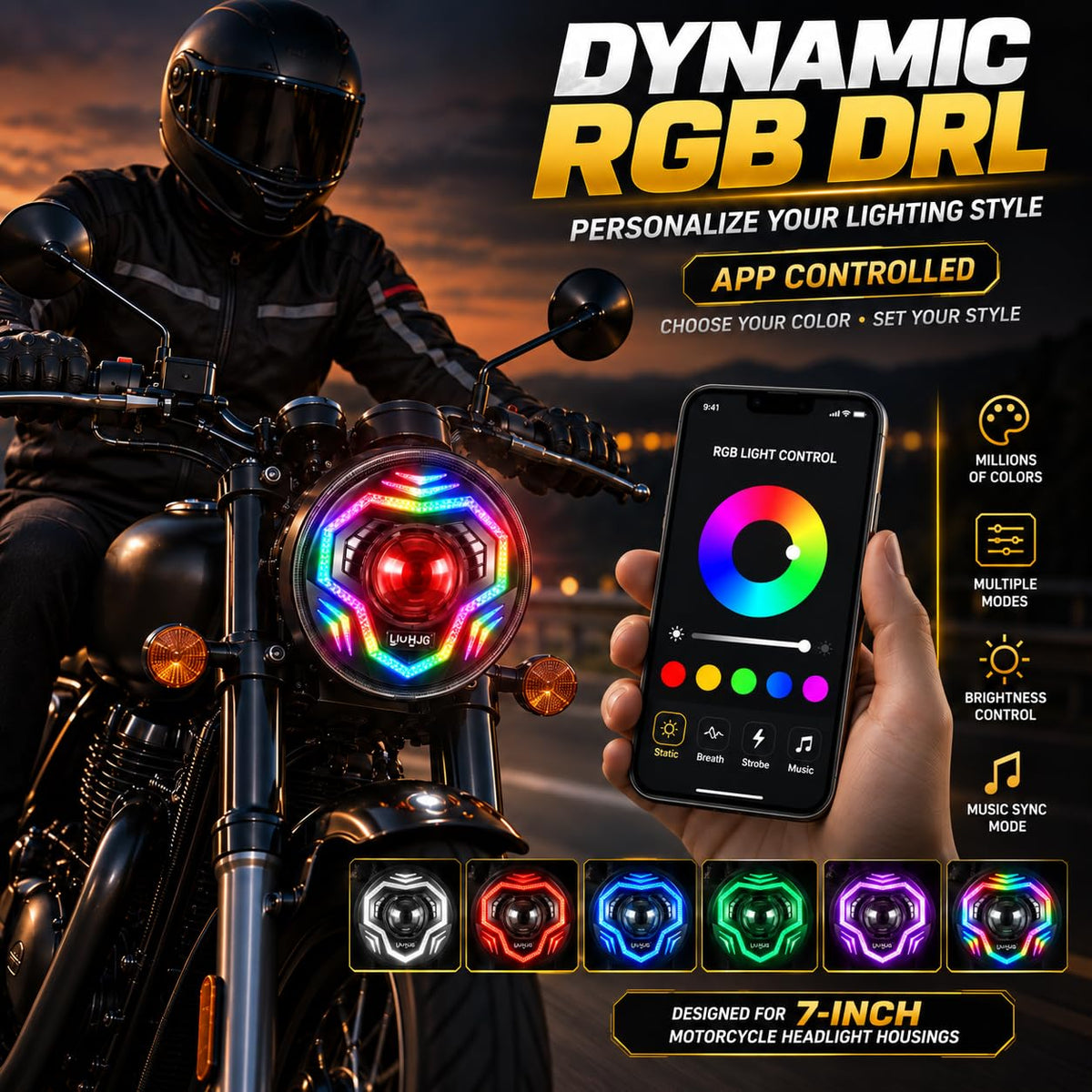 MIKANIX DRL Motorcycle HJG Headlight 3 Modes | App Controlled LED Headlamp | White, Amber & RGB | High & Low Beam | Dynamic Multicolor Light for Bike, Motorcycle & Universal 7-Inch Housing