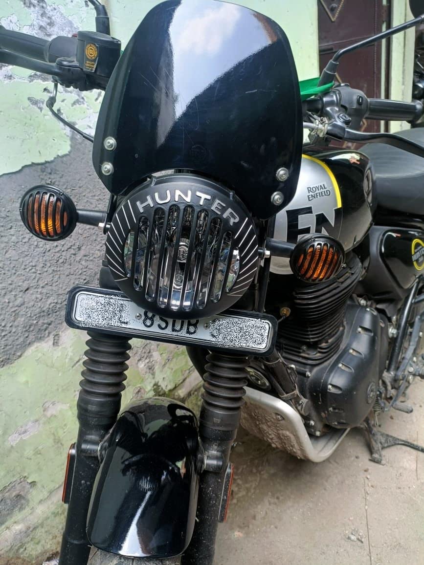MIKANIX Hunter 350 Bike LED Cnc Metal Front Rear Fancy Headlight Grill/Jali Cover Set With Tail Lamp, Indicator Cup Compatible For Royal Enfield Hunter 350