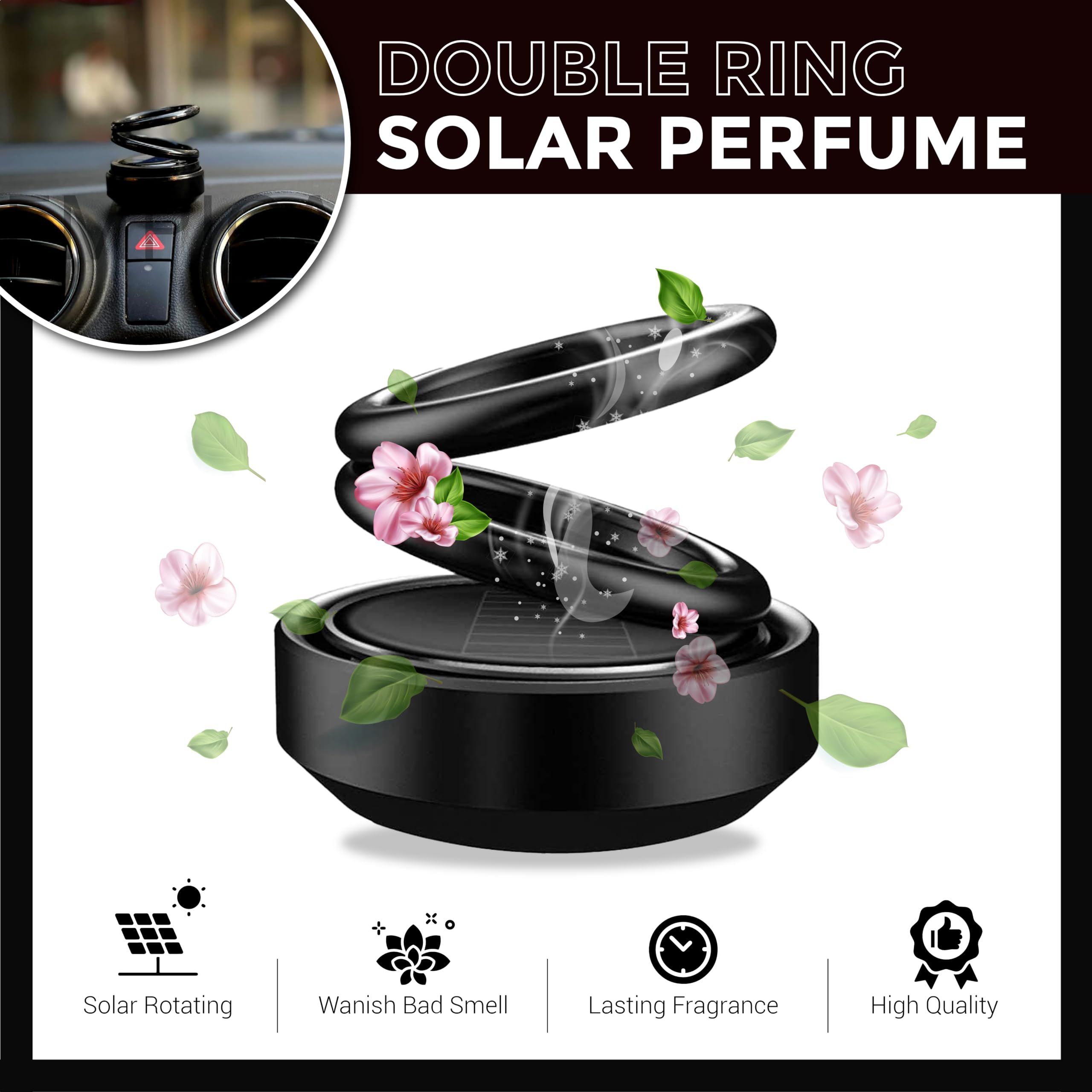 MIKANIX Solar Rotating Car Dashboard Air Freshener/Perfume | Double Ring Design For Car Interior & Home Air Freshener (BLACK)