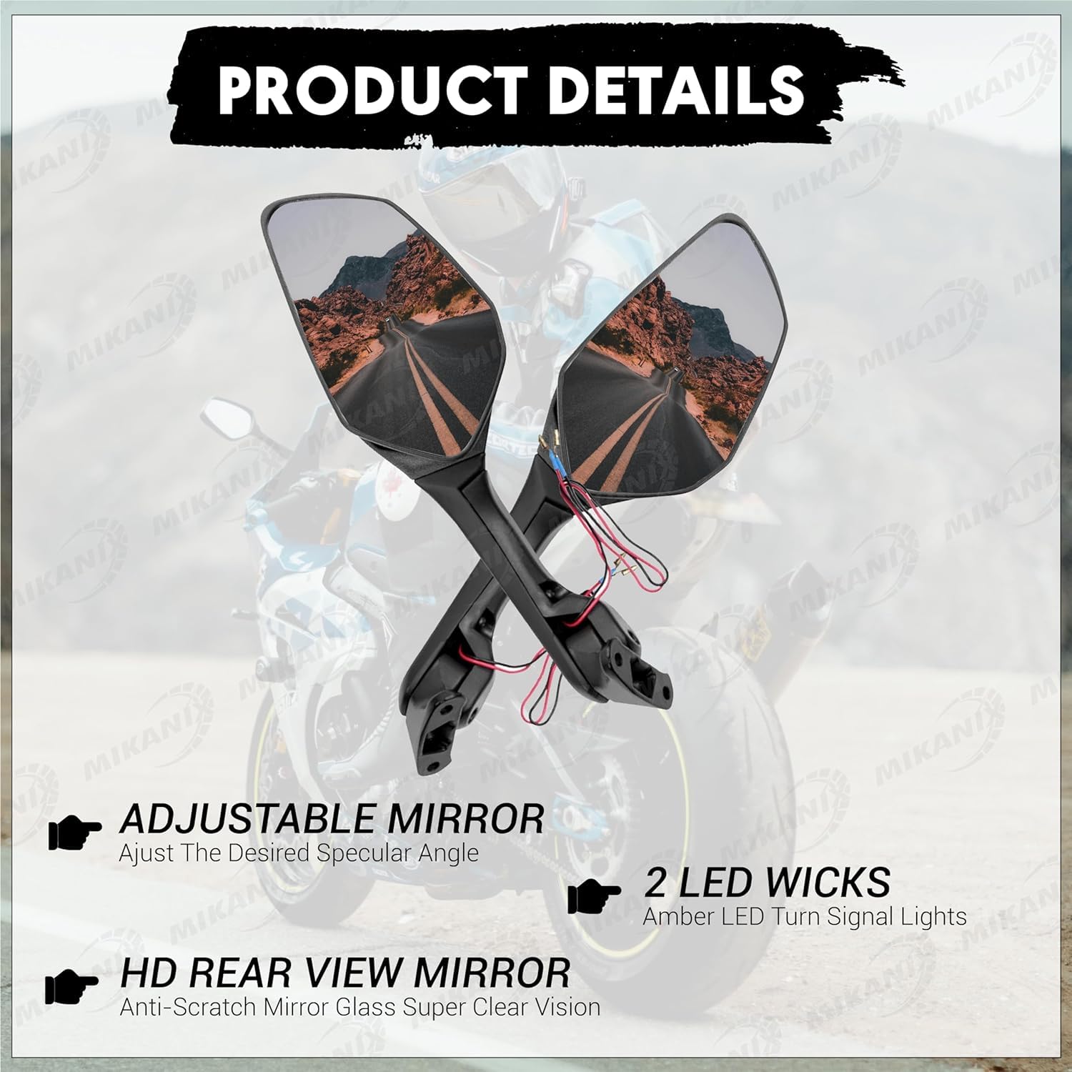 MIKANIX R15 V3, V4 & M Bike Adjustable Rear View Side Mirror with Turn Signal Led Indicator for All Fairing Bikes