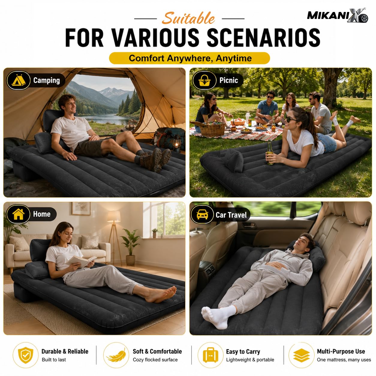MIKANIX Inflatable Car Mattress Back Seat Air Bed for SUV, Sedan & Truck Travel | Portable Camping Air Mattress Bed with Portable Electric Air Pump, 2 Pillows, Repair Kit & Head Protection