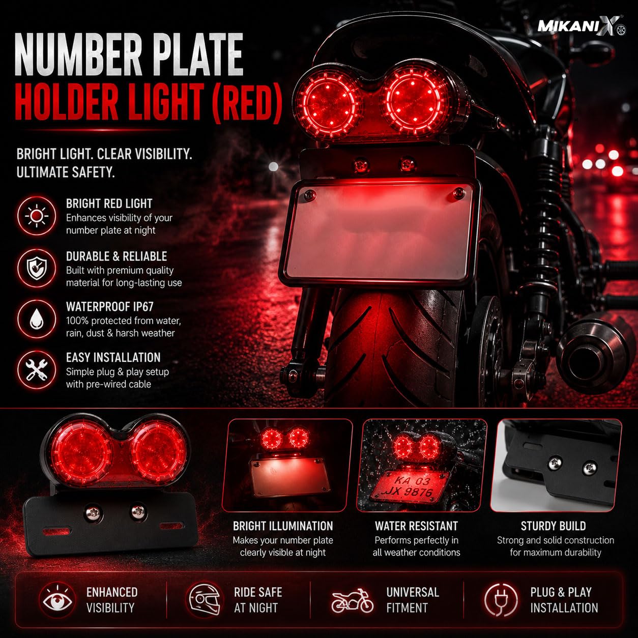 MIKANIX Universal Motorcycle Led Tail Light with Number Plate Bracket | Retro Dual Round Rear Brake Stop Lamp & Indicator for Cafe Racer, Bobber & Custom Bikes