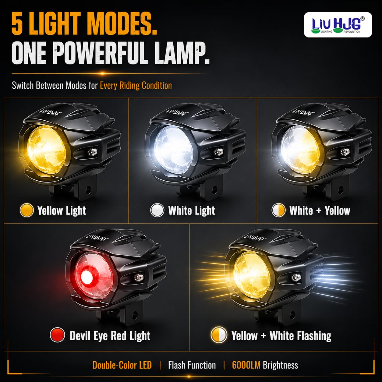 MIKANIX Liuhjg 6000lm Dual Color Led Projector Fog Light for Motorcycle | White & Yellow Beam | 5 Lighting with Red Devil Mode | Auxiliary Driving Lamp (Pack of 2)