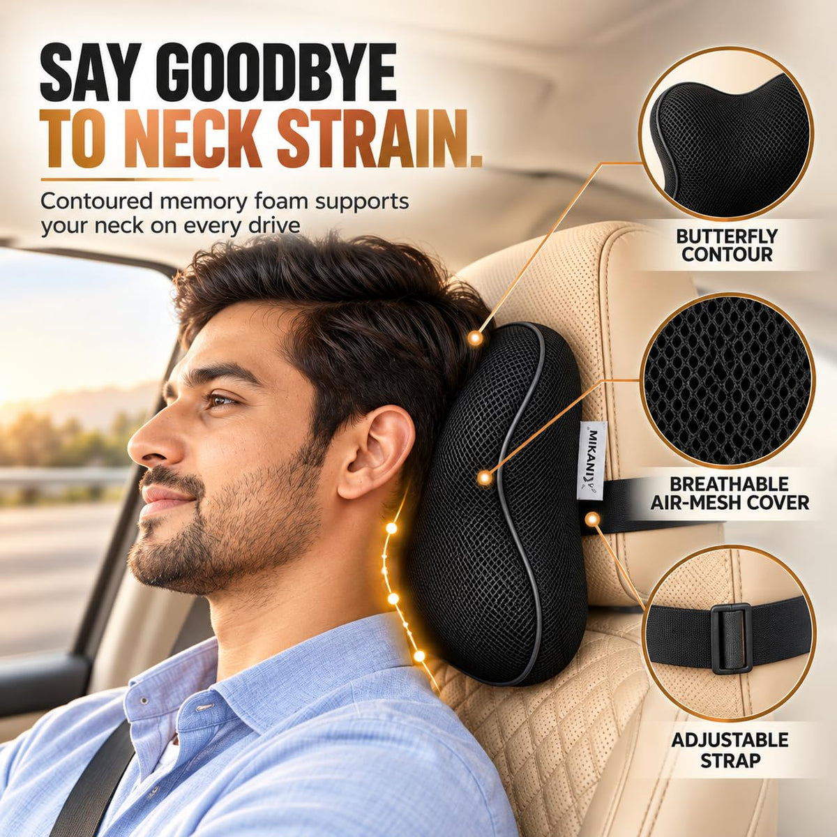 MIKANIX 3-in-1 Cushion Combo with Memory Foam Orthopedic Coccyx Seat Cushion | Lumbar Support Backrest and Neck Headrest Cushion | Breathable for Car, SUV, Sedan & Long Drives