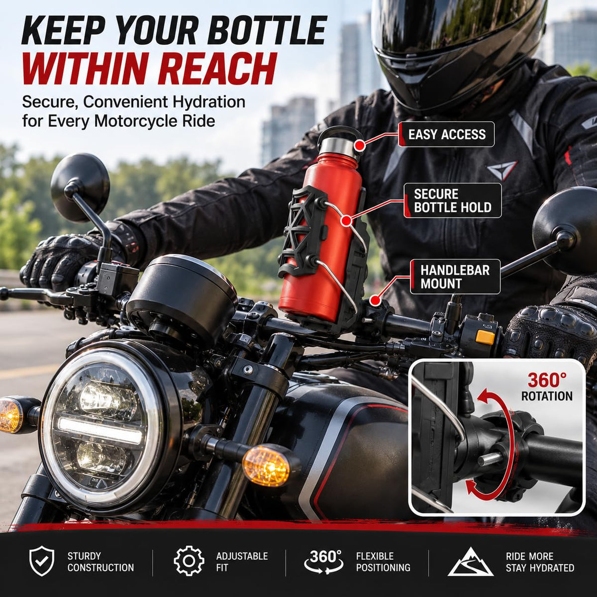 MIKANIX Adjustable Water Bottle Holder | Bottle Cage with Secure Mounting Bracket | Anti-Slip Secure Holder Heavy-Duty Bottle Stand for Bike, Cycling, Scooter, ATV & Bicycle