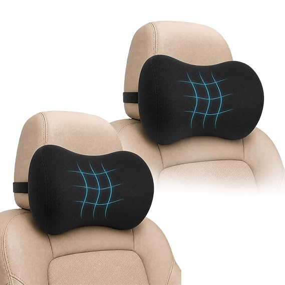 MIKANIX Car Neck Pillow for Driving - Premium Memory Foam Car Headrest Pillow with Adjustable Strap, Ergonomic Neck & Head Support for Car Seat Black