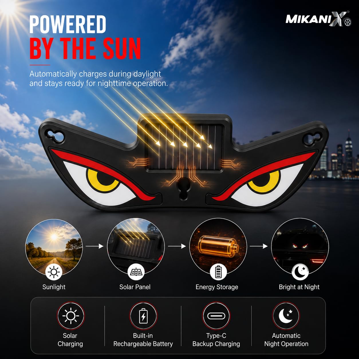 MIKANIX LED Demon Eyes for Car | Solar Powered Wireless Evil Eye Window Light | Dynamic Windshield LED Lamp with Suction Cup Mount | Car Decoration for SUV, Truck, Van & RV