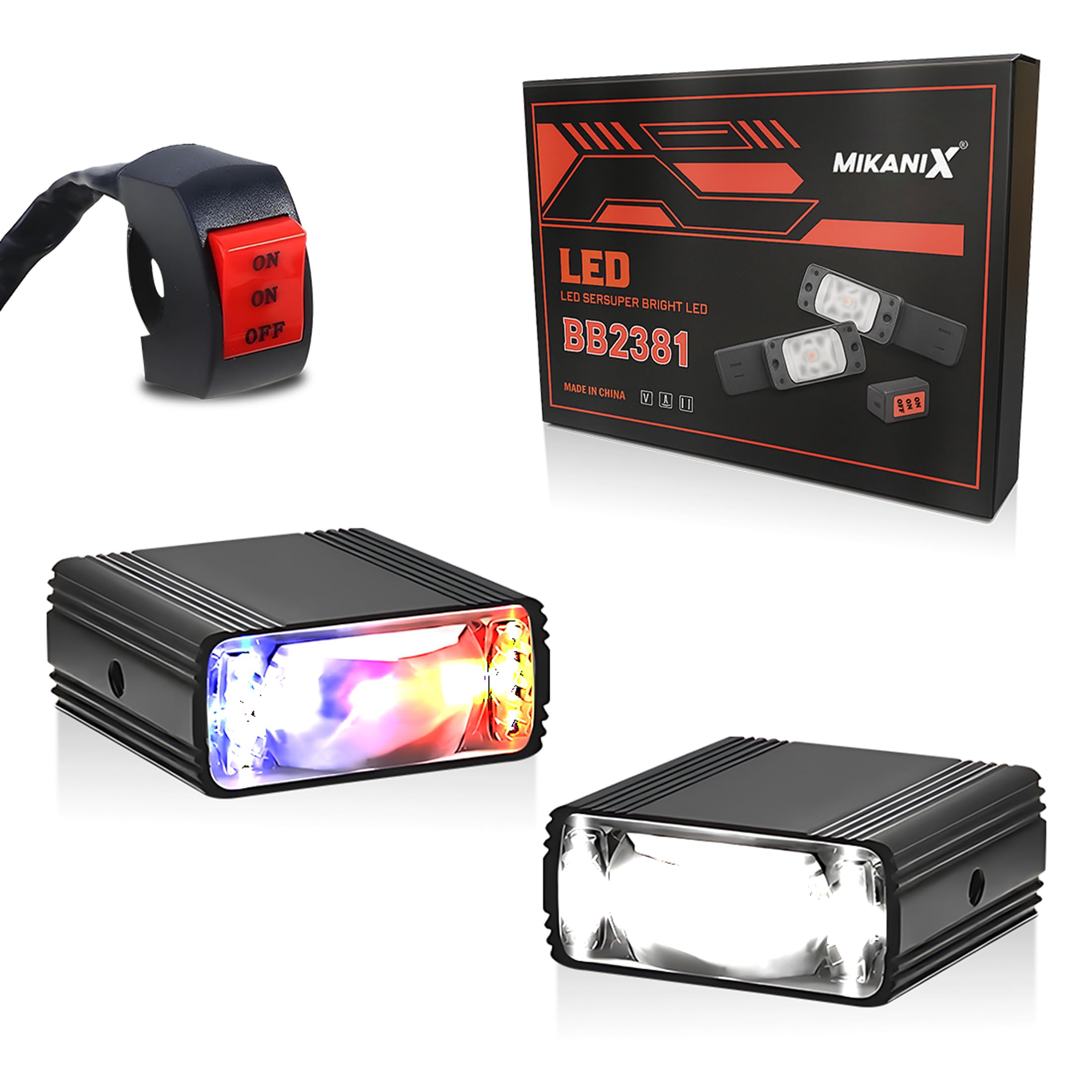 MIKANIX Super Bright LED Fog Light with On/Off Switch, High/Low Beam, 5 Modes & PCR Flashing – Universal for Bike, Scooty & Car