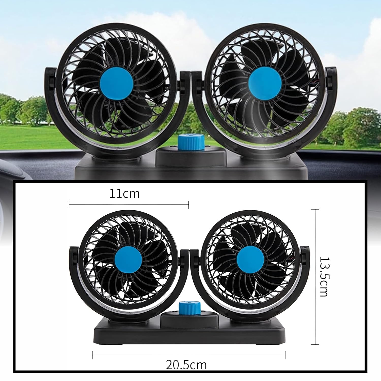 OBEROI'S TRADERS Car Dashboard Double Headed High Speed Wind Smooth Air Fan 2 Speed Power Rotation Adjustable 360 Degree Rotatable Head Cooling Air Fan Universal For All Cars