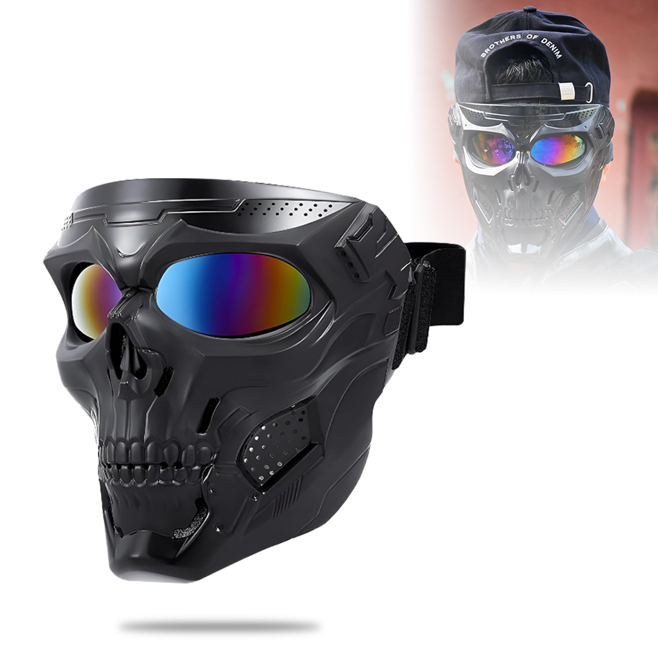 MIKANIX Skull Face Mask with Rainbow Goggle for Bike Riding, UV Protective Anti-Scratch Eyewear | Windproof Dust Shield for Cycling, Off-Road, Racing | Unisex Motorcycle Face Cover