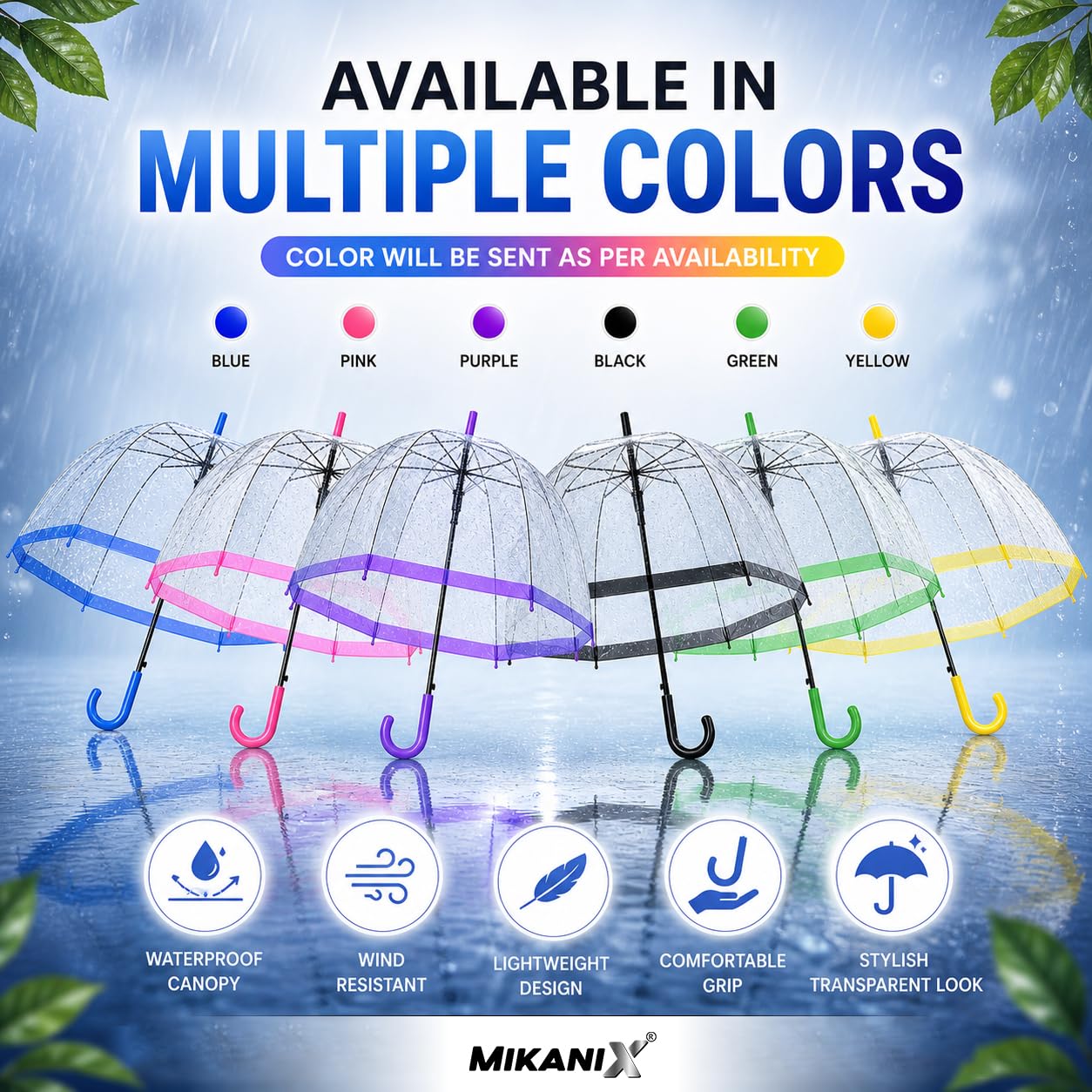 MIKANIX Transparent Dome Rain Umbrella with Trim & Curved Handle | Windproof Clear Design for Men & Women | Lightweight Portable (MULTICOLOR)