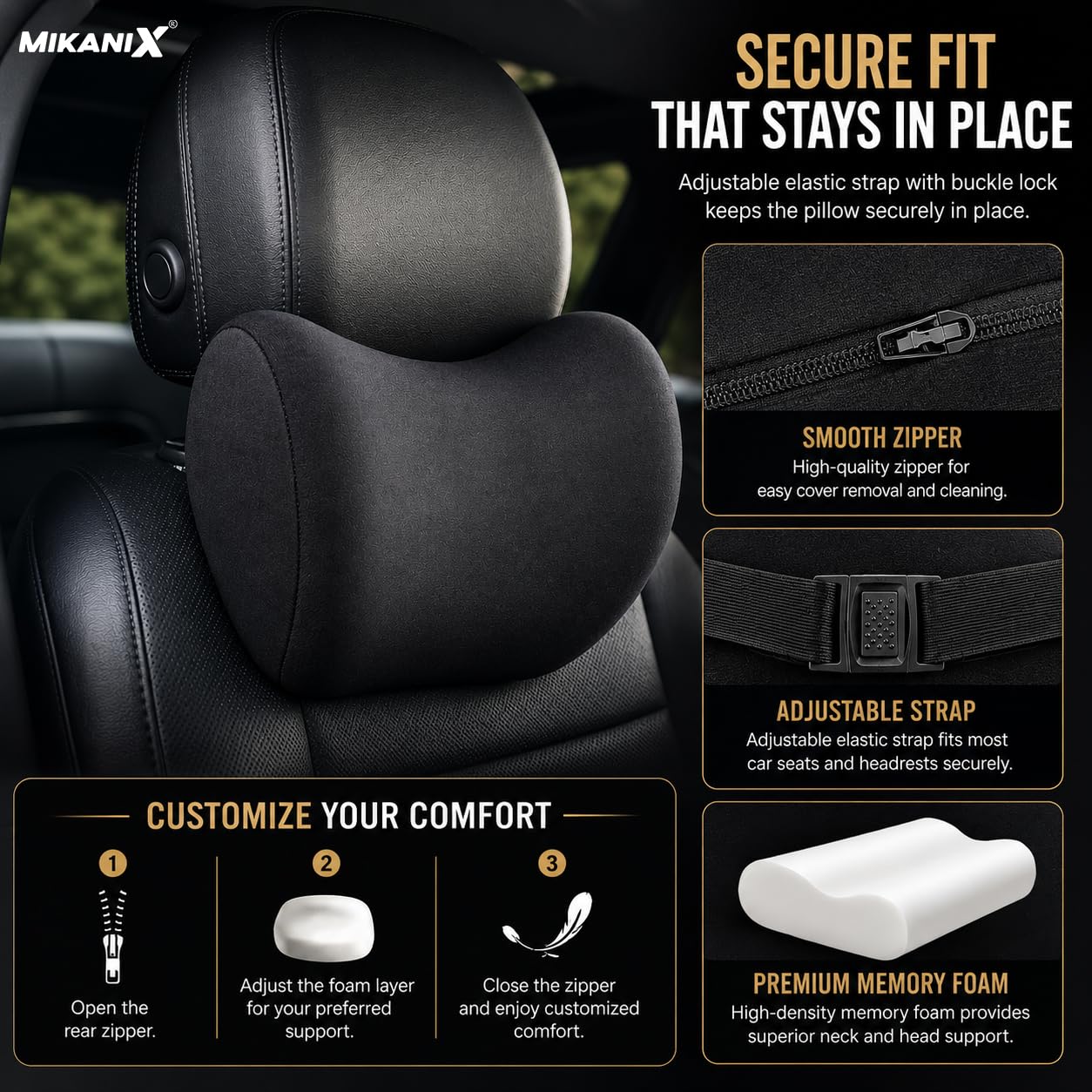 MIKANIX Car Neck Pillow for Driving - Premium Memory Foam Car Headrest Pillow with Adjustable Strap, Ergonomic Neck & Head Support for Car Seat Black