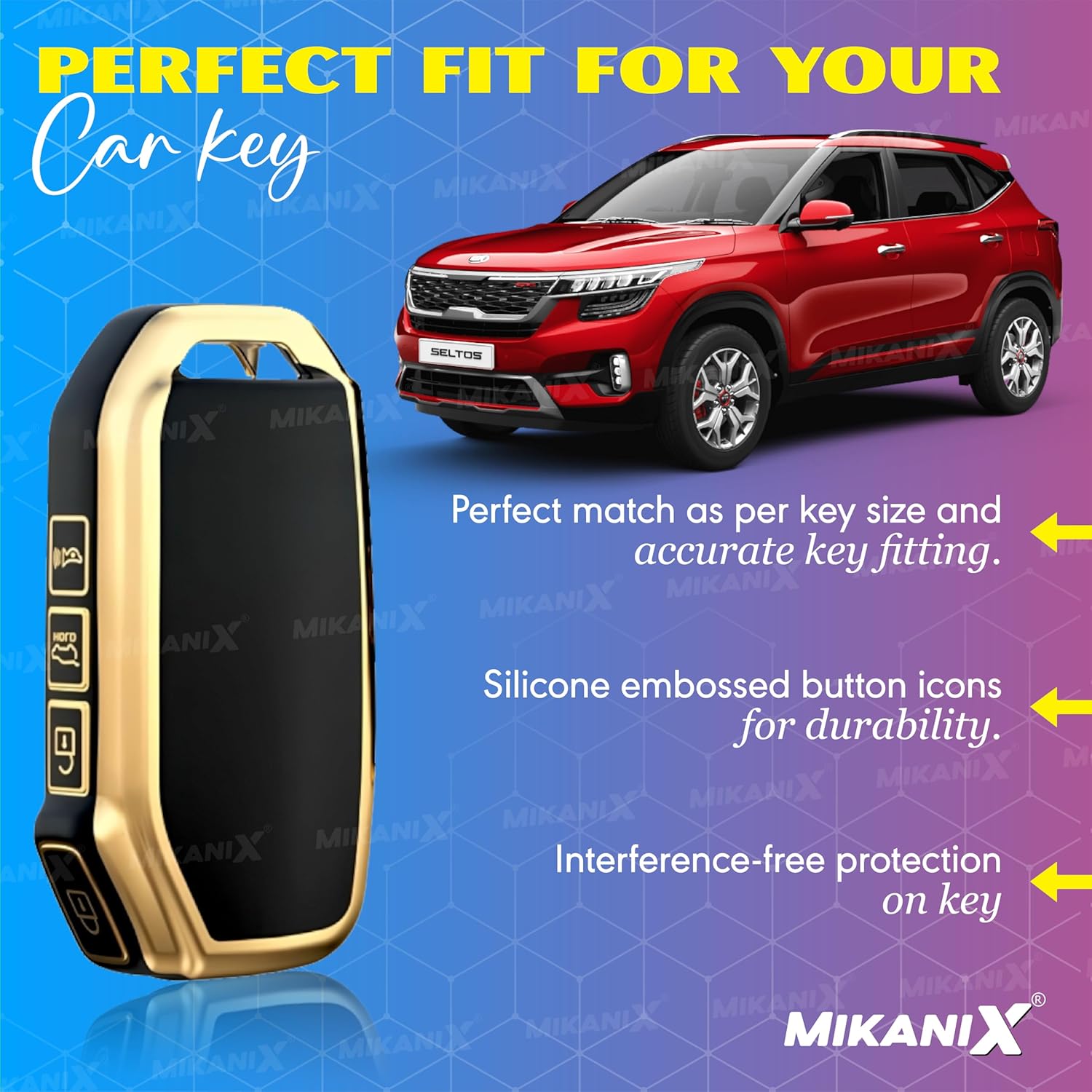 MIKANIX Premium Key Cover Compatible with Kia Seltos, Sonet, and Carens 2023 Onwards Models with a 3-Button flip Key | Elegant Black & Gold Protective Case Shell