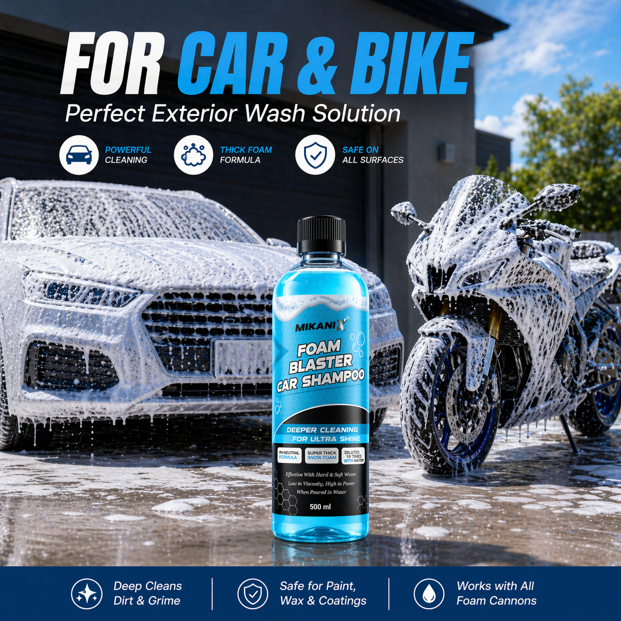 MIKANIX Foam Blaster Car Wash Shampoo | Concentrate Formula With Thick Foam to Remove Dirt & Grime for Car & Bike Exterior Cleaning | pH Neutral | 500 ML | Pack of 1