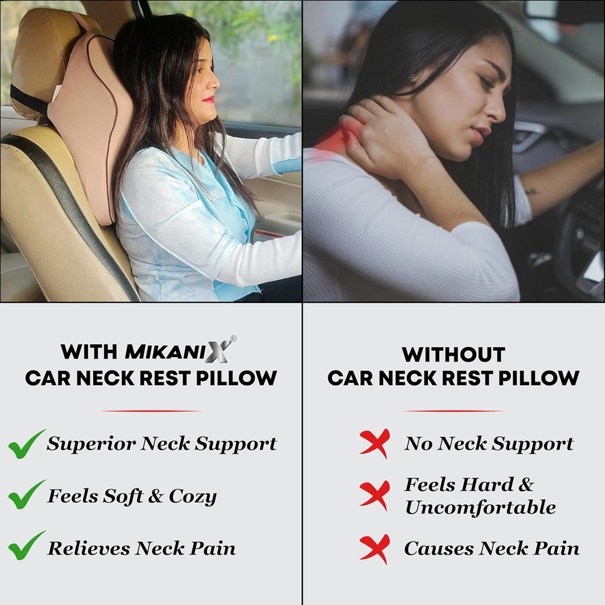 MIKANIX Car Neck Rest Pillow | Seat Cushion | 2 Years Warranty | Ultra Soft Memory Foam for Neck and Cervical Support to Relief Neck Pain & Reduced Tension (Velvet Beige Pack of 2)
