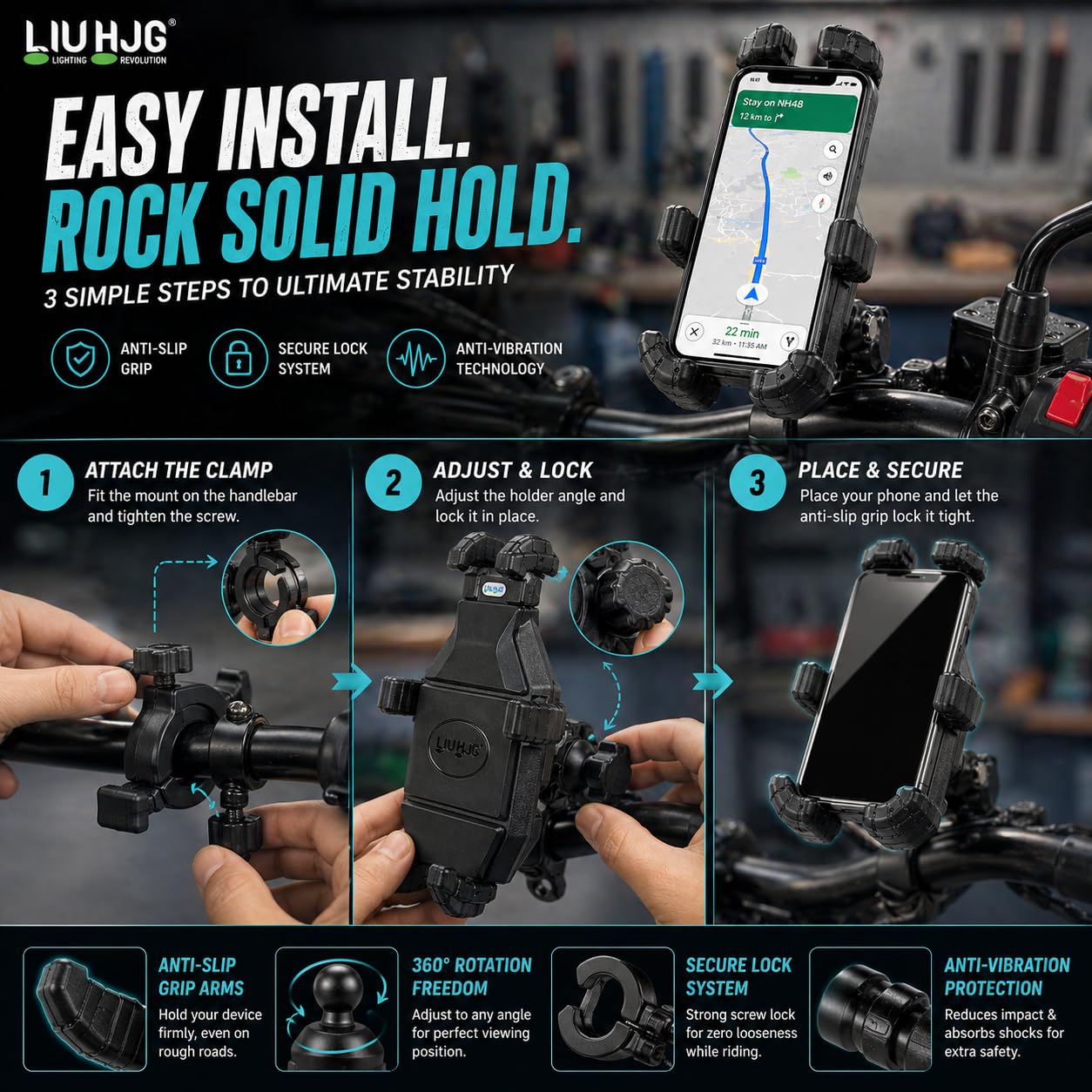 MIKANIX 1 Year Warranty HJG Mobile Holder Stand Adjutable with Handlebar & Mirror Fitting | Anti-Shake Mount | 360° Ball Head Rotation Flexible View Universal for Bike, Bicycles