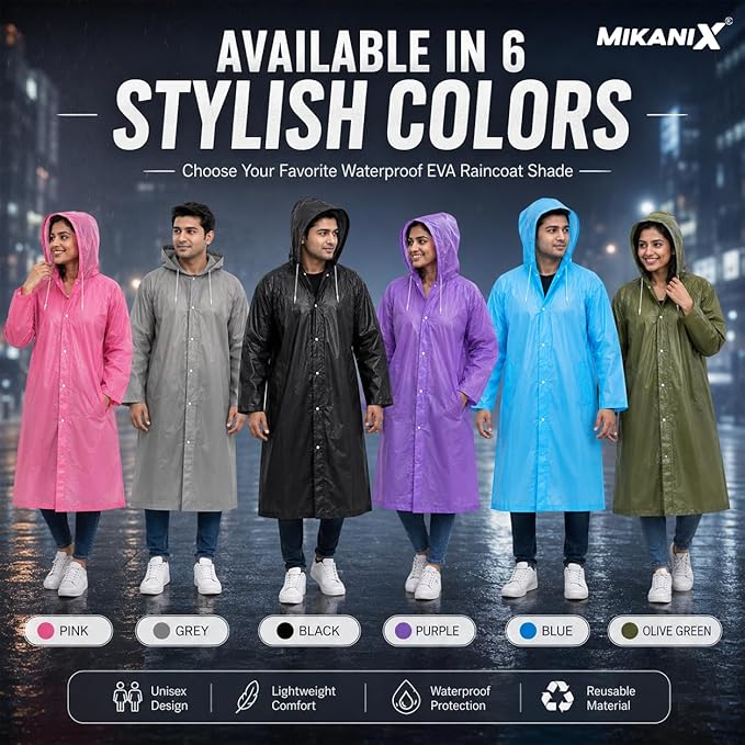 MIKANIX Waterproof Hooded Raincoat for Men & Women | Full Length Reusable PVC Rain Wear | Lightweight Windproof Rain Jacket with Front Button Closure & Pockets