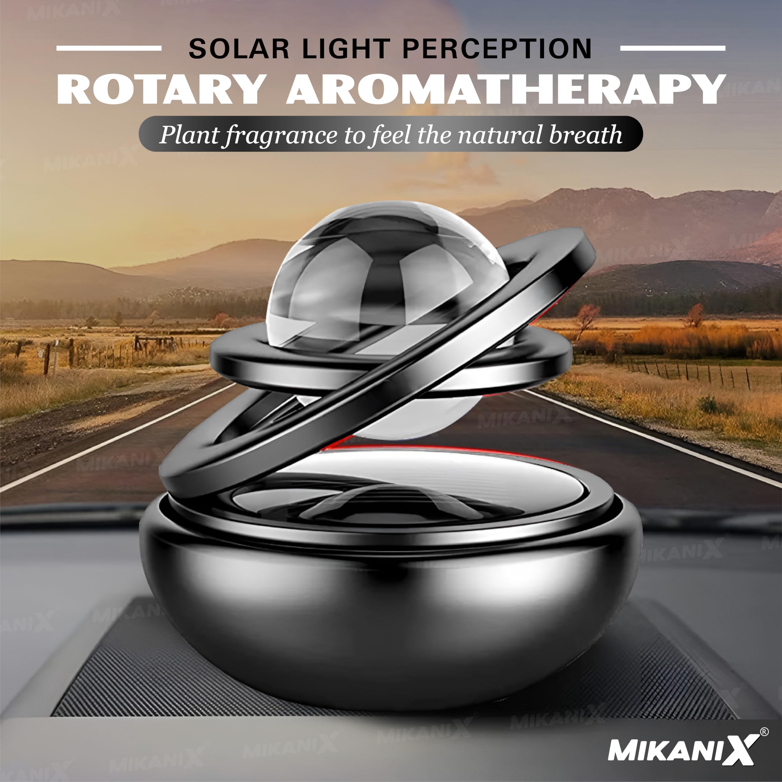 Mikanix Solar Energy Rotating Car Dashboard Air Freshener/Perfume Diffuser/Dispenser | Alloy Body & Crystal Design With Perfume Liquid For Car Interior & Home Air Freshener (Black), Pack Of 1