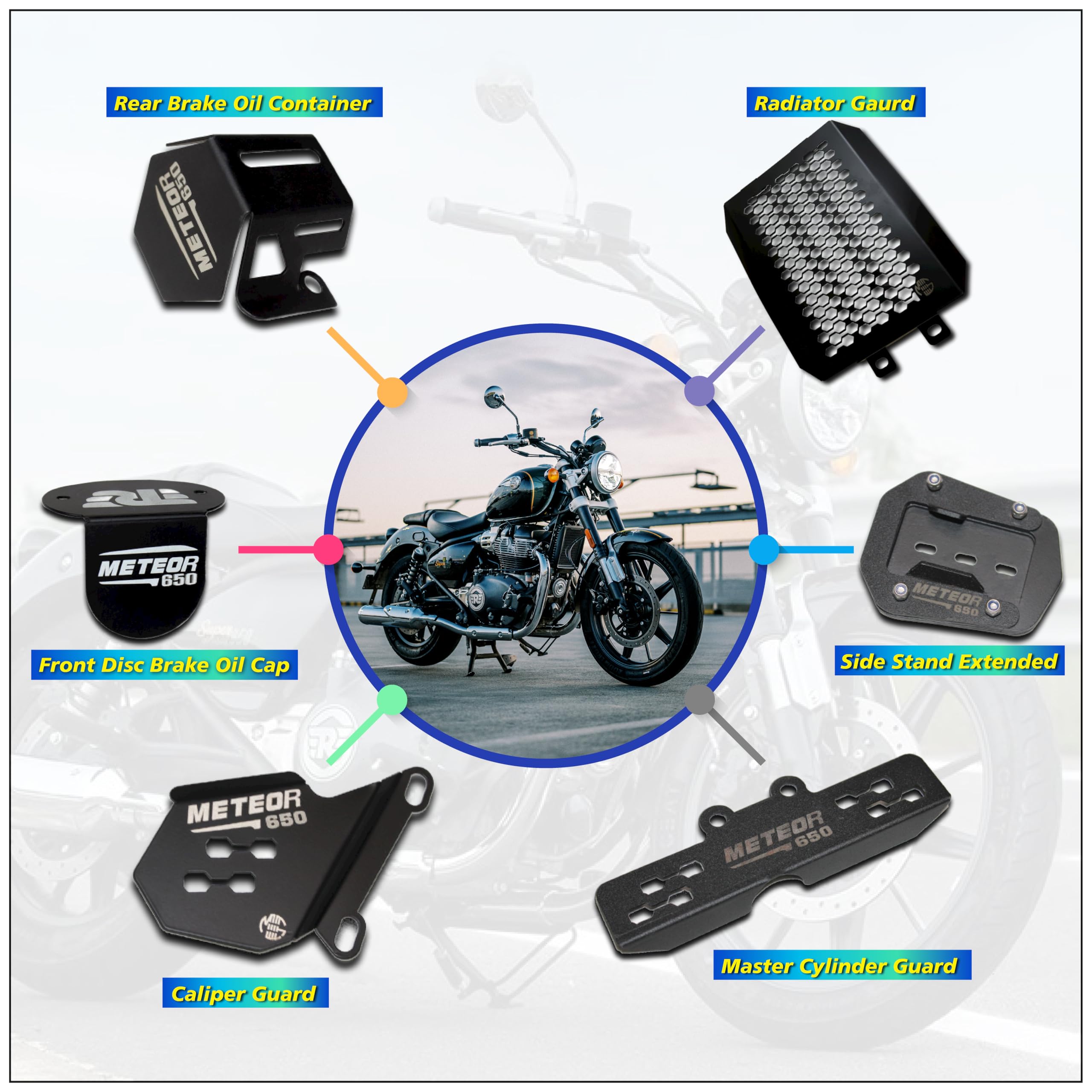 OBEROI'S TRADERS Combo of Complete Accessories Set for Super Meteor 650 Front & Rear Oil Container Guard, Radiator Grill, Side Stand, Rear Master Cylinder & Disc Brake Caliper Guard (Pack of 6)
