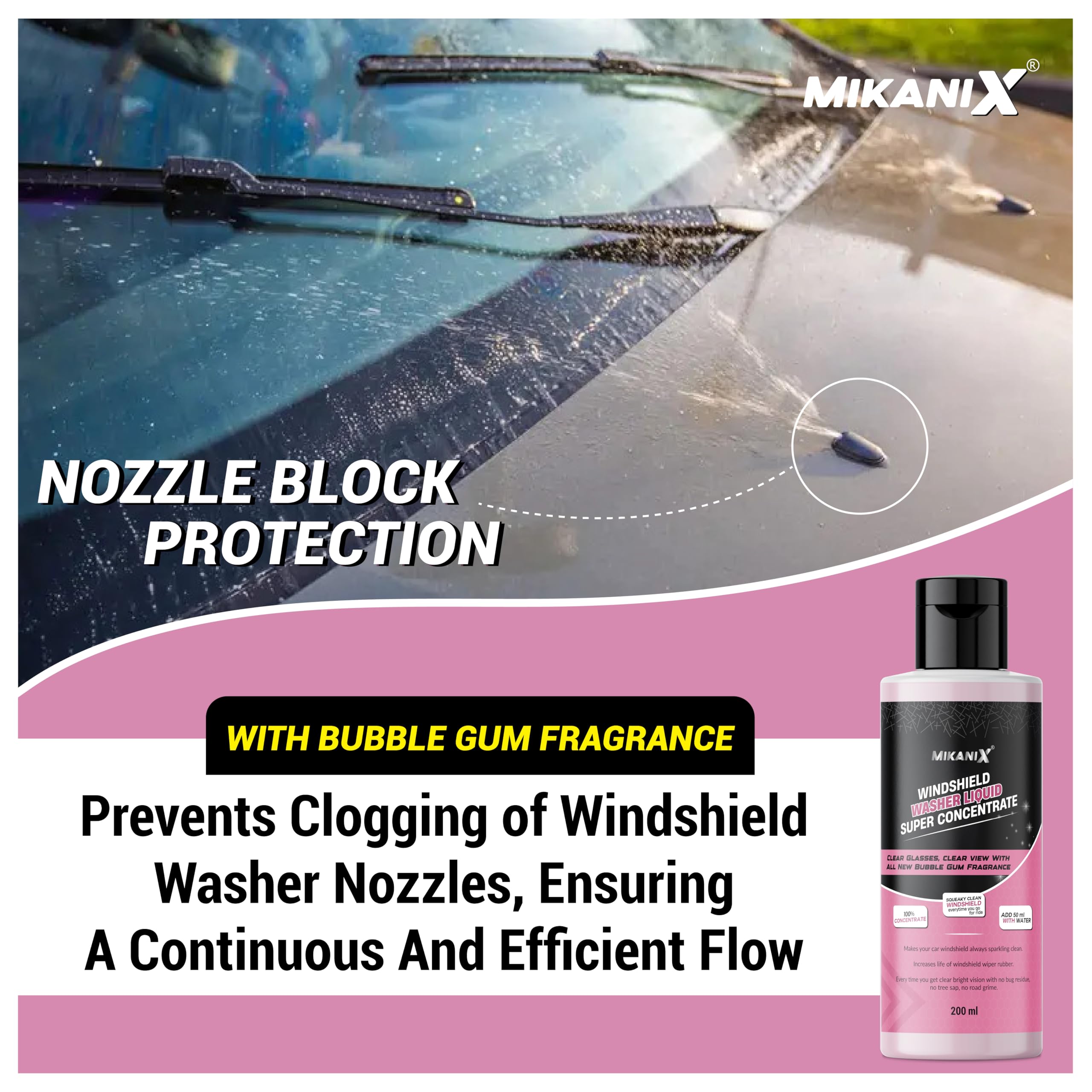 MIKANIX Windshield Washer Fluid For Car | Car Glass & Wiper Cleaner Liquid | Concentrate Form | To Remove Dirt, Grime and Bugs | Improve Visibility | Antifreeze Protection