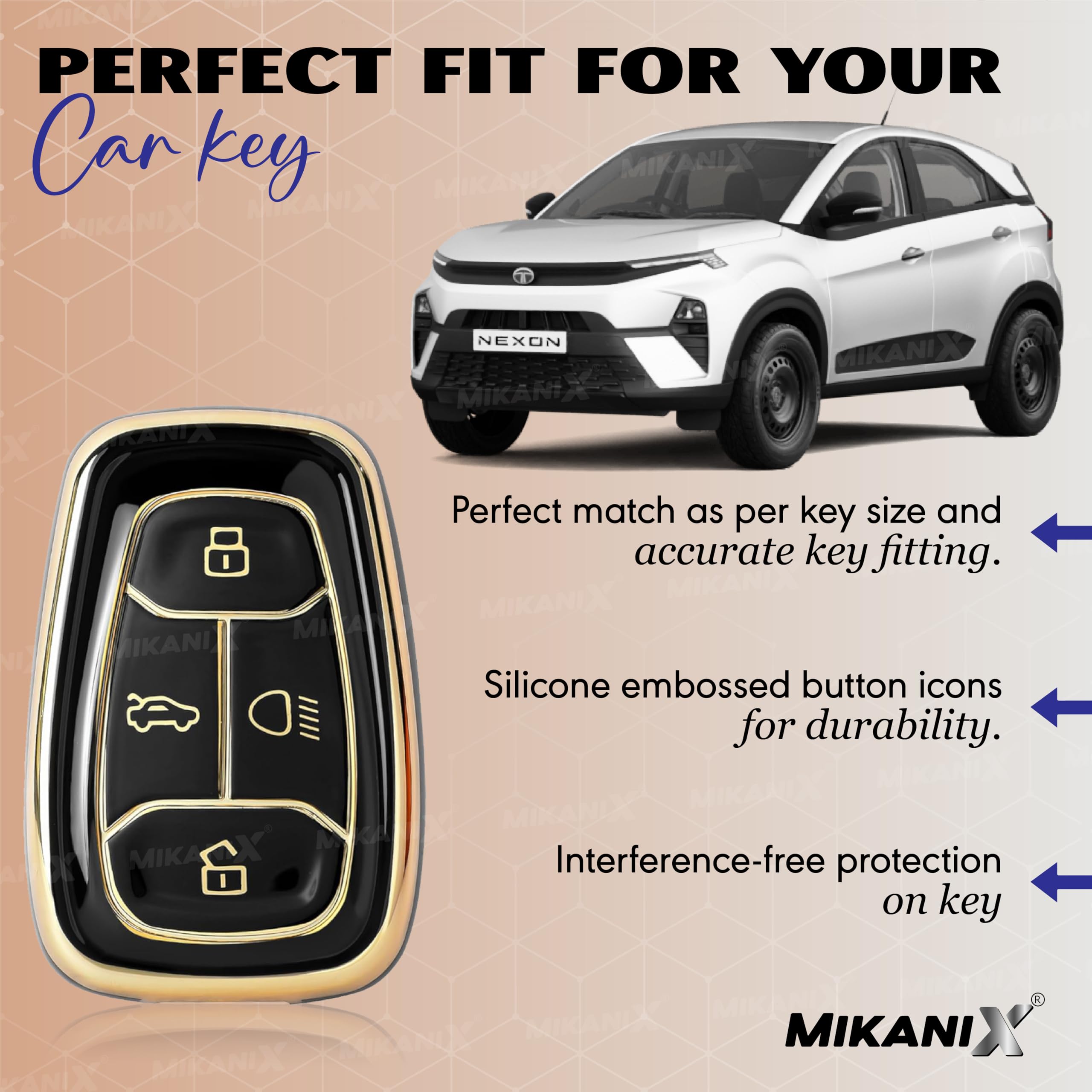 OBEROI'S TRADERS Premium Key Cover Compatible with Nexon | Harrier | Safari | Altroz | Tigor | EV | Punch | Tiago EV Electric 4 Button Smart Key Only | Elegant Black & Gold Protective Case