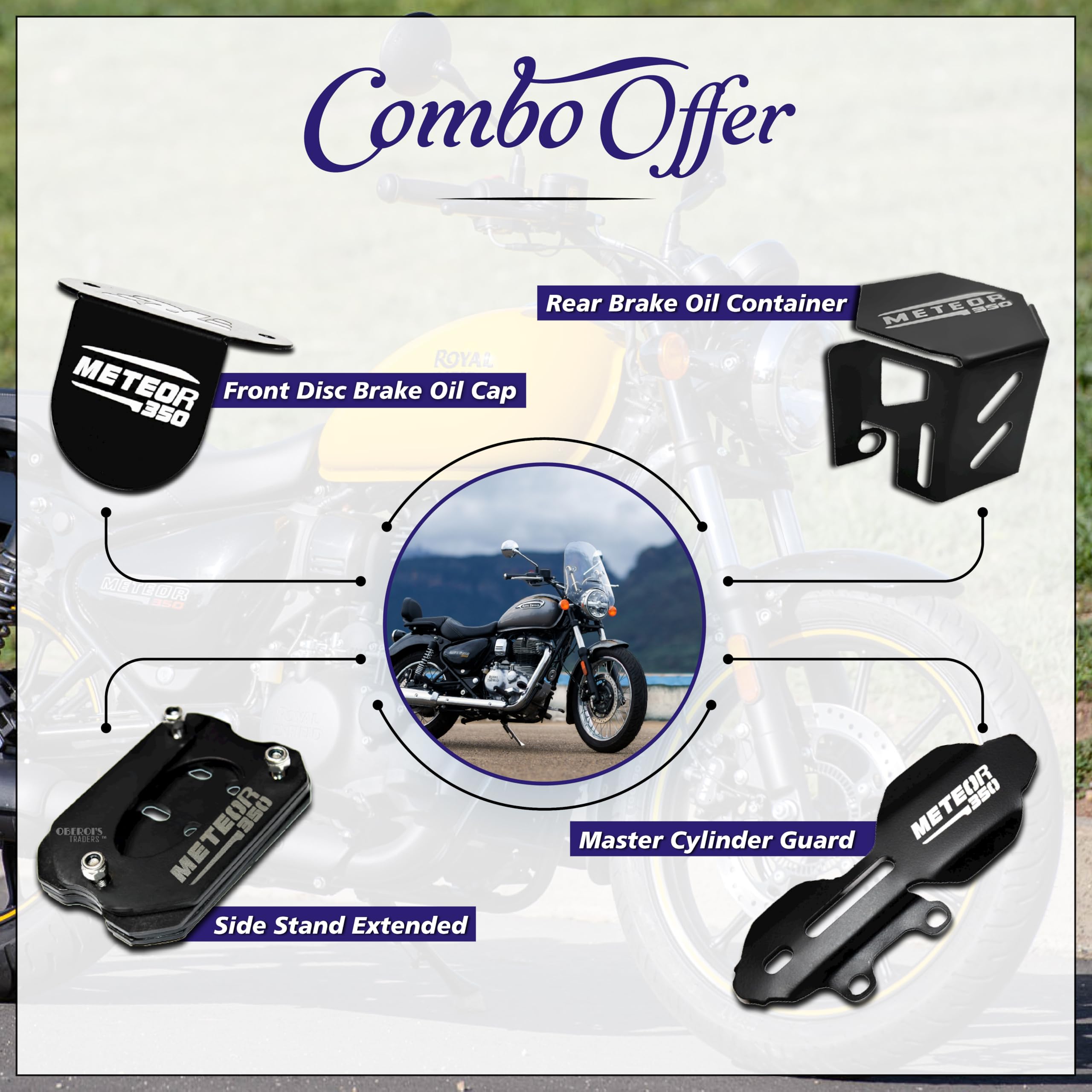 OBEROI'S TRADERS Meteor 350 Master Cylinder Guard, Front Oil Reservoir Cap, Side Stand Extender And Rear Brake Oil Container Guard Combo Accessories
