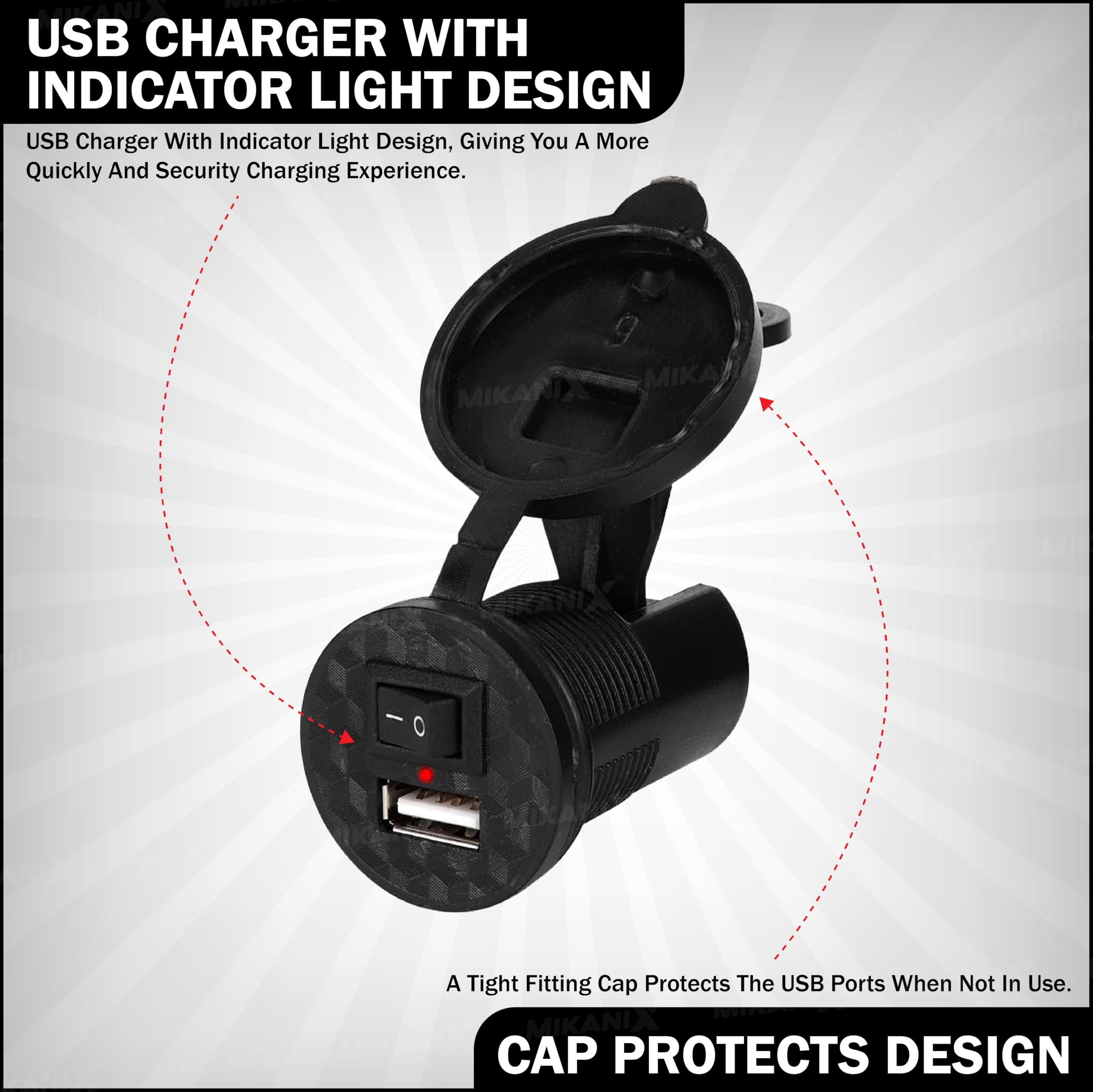 OBEROI'S TRADERS Waterproof Mobile USB Charger | Adapter Socket | Fast Charging Output : 5V-1.5A | Switch On/Off Button with Silicone Cover for Bike and Scooty