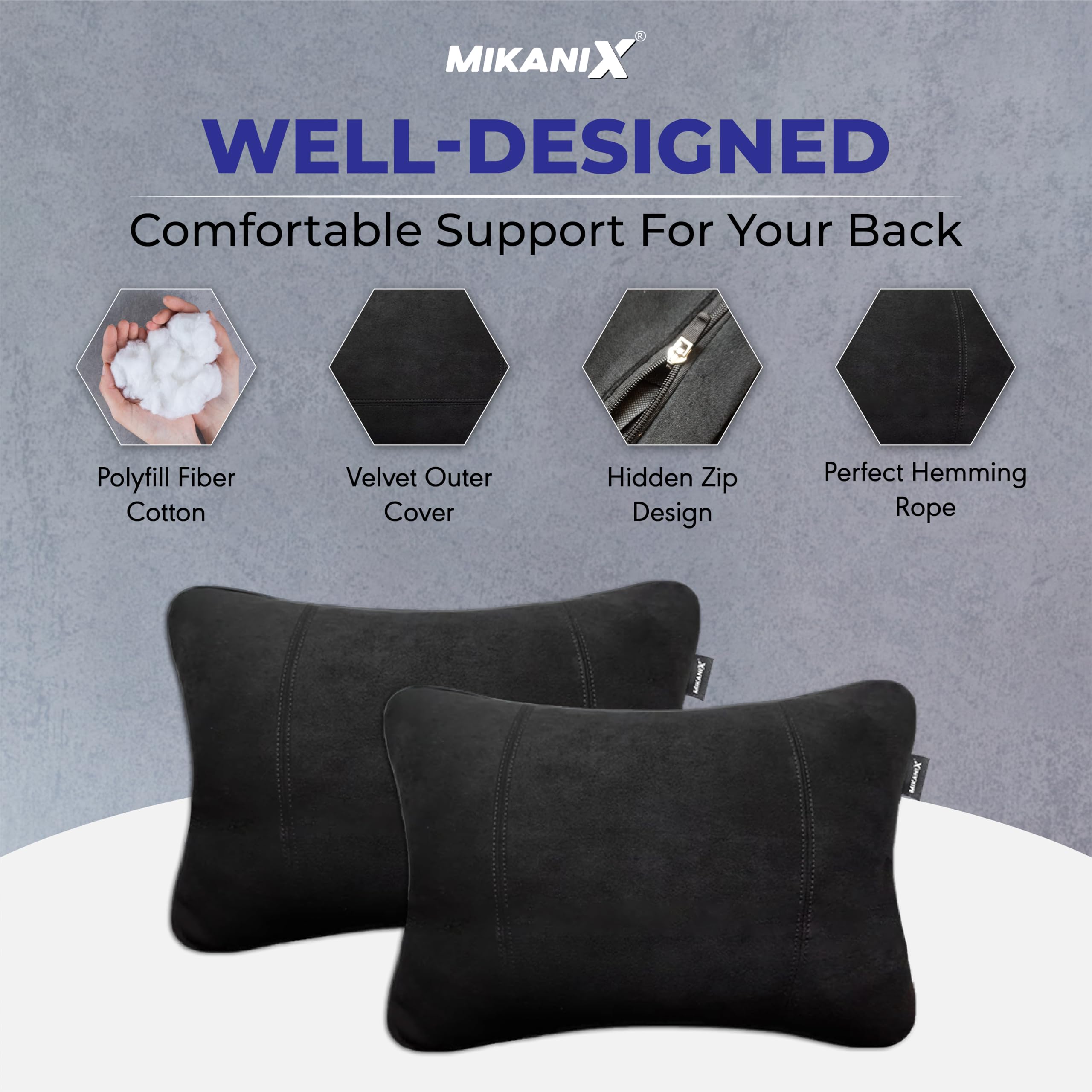 MIKANIX Car Headrest Pillow | Polyfill Fiber Cotton Neck/Head Support Cushion | Ergonomic Travel Headrest | Comfortable Car Seat Pillow | Breathable Soft Cover | Universal Fit (4 Black)