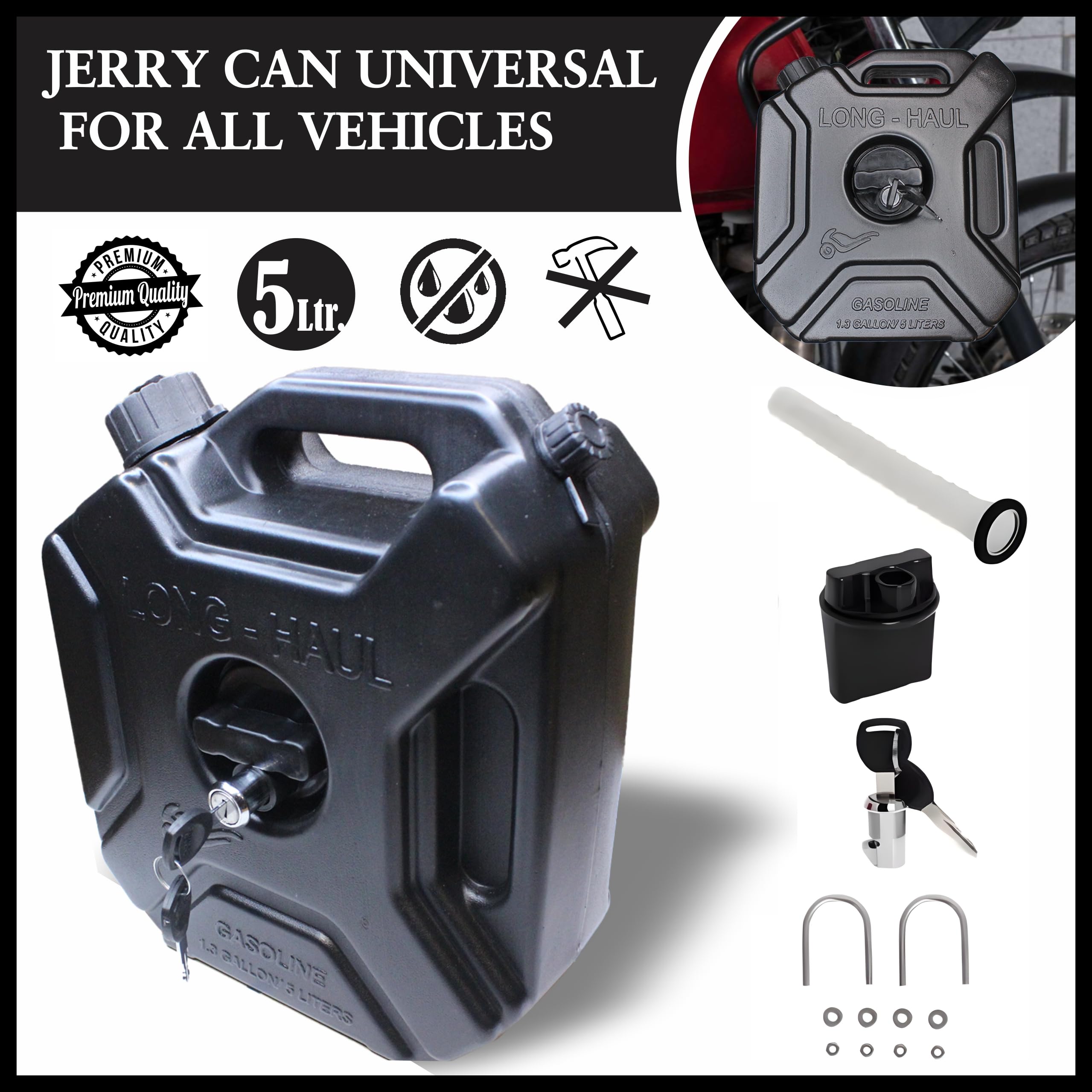 OBEROI'S TRADERS Universal 5 Liter Fuel Jerry Can With Clamp and Cap For Motorcycle, Car, SUV and Thar