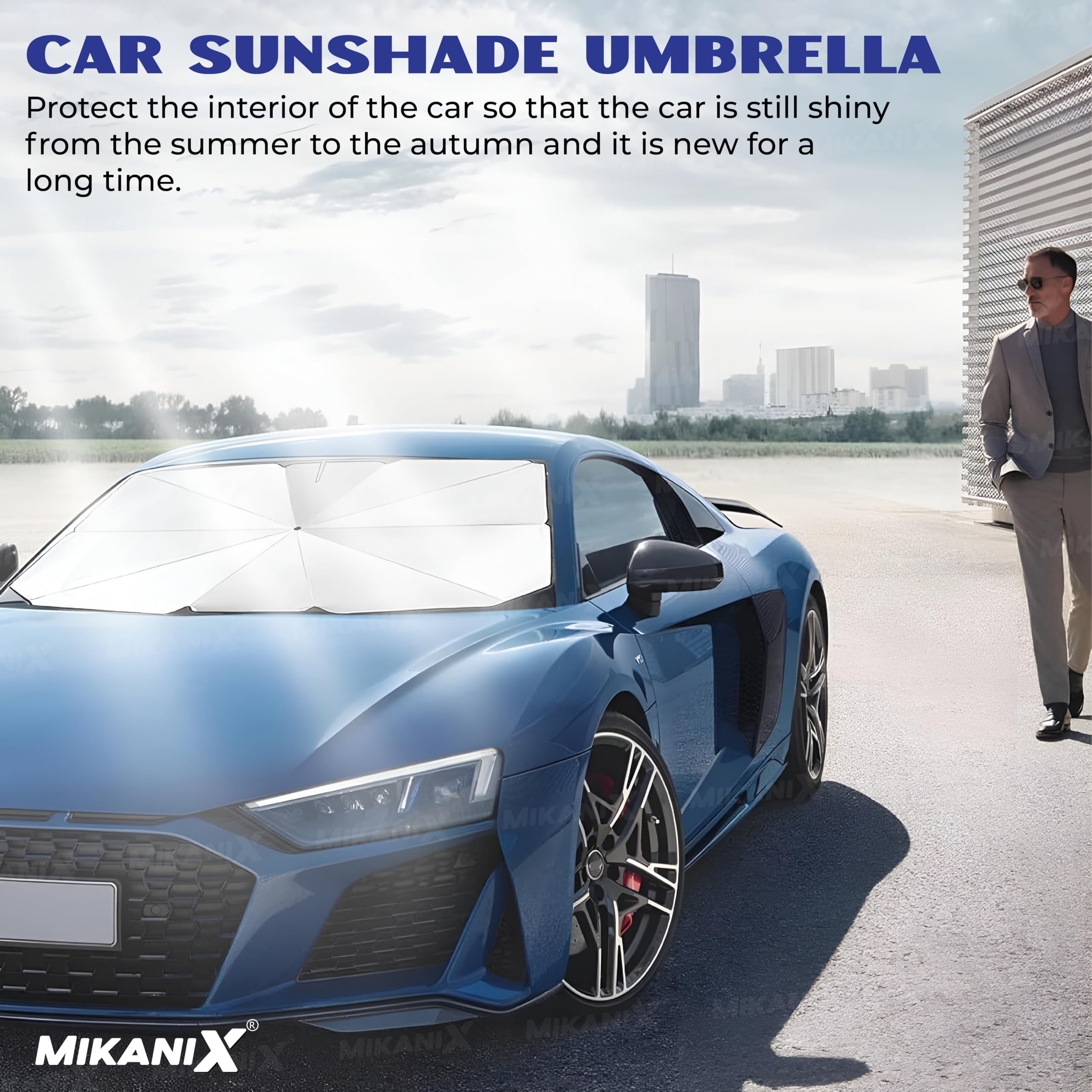 MIKANIX Car Front and Rear Windshield Sunshade, Reflective Silver Aluminium Foil & Umbrella for Windshield with Carry Bag, UV Ray Blocker, Universal for Car