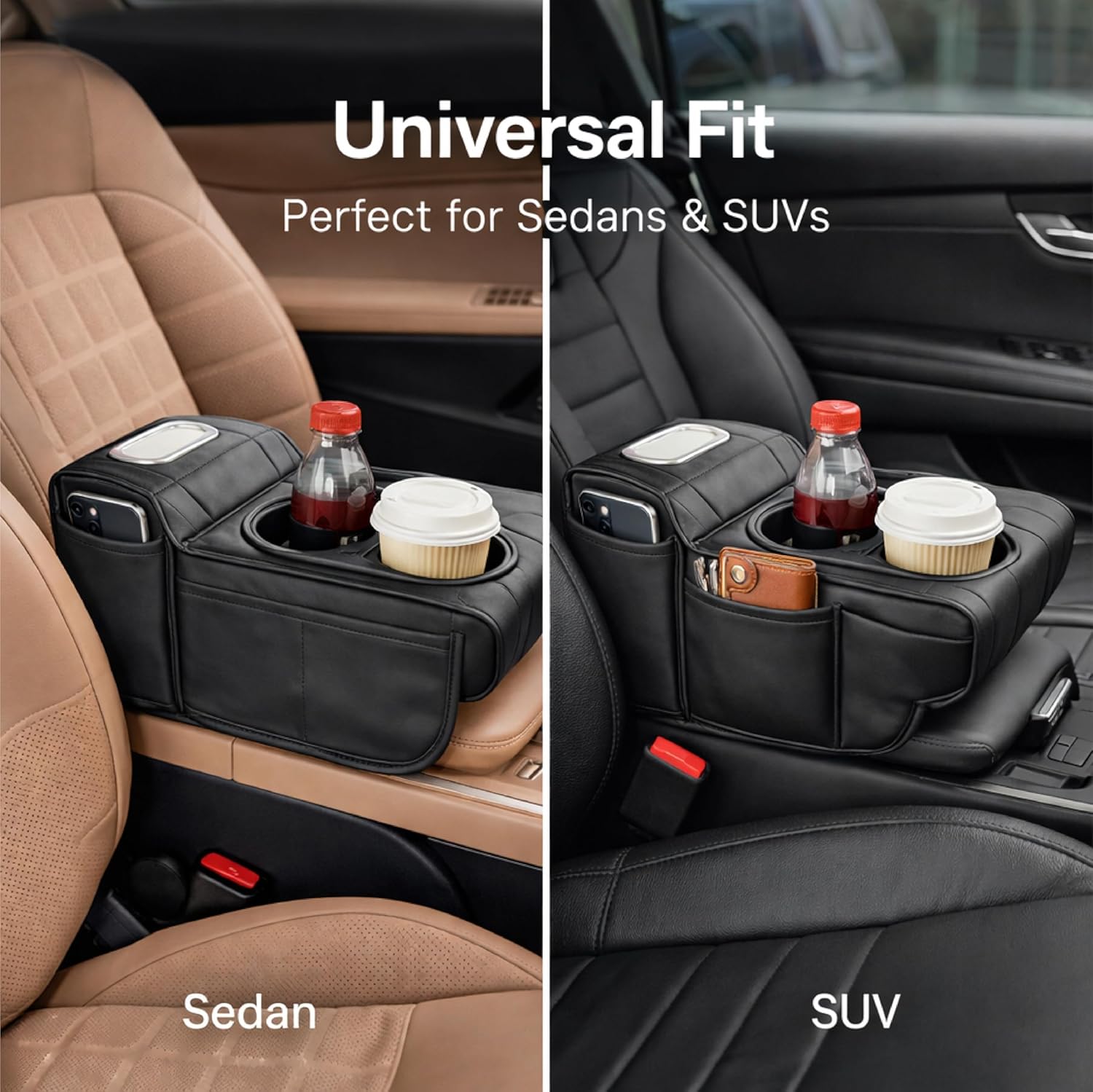 MIKANIX Car Console Armrest Cover & Organizer with Dual Cup Holder & Tissue Dispenser | Soft PU Leather Arm Support | Dual Side Pockets for Mobile & Accessories | Universal Fit for All Cars