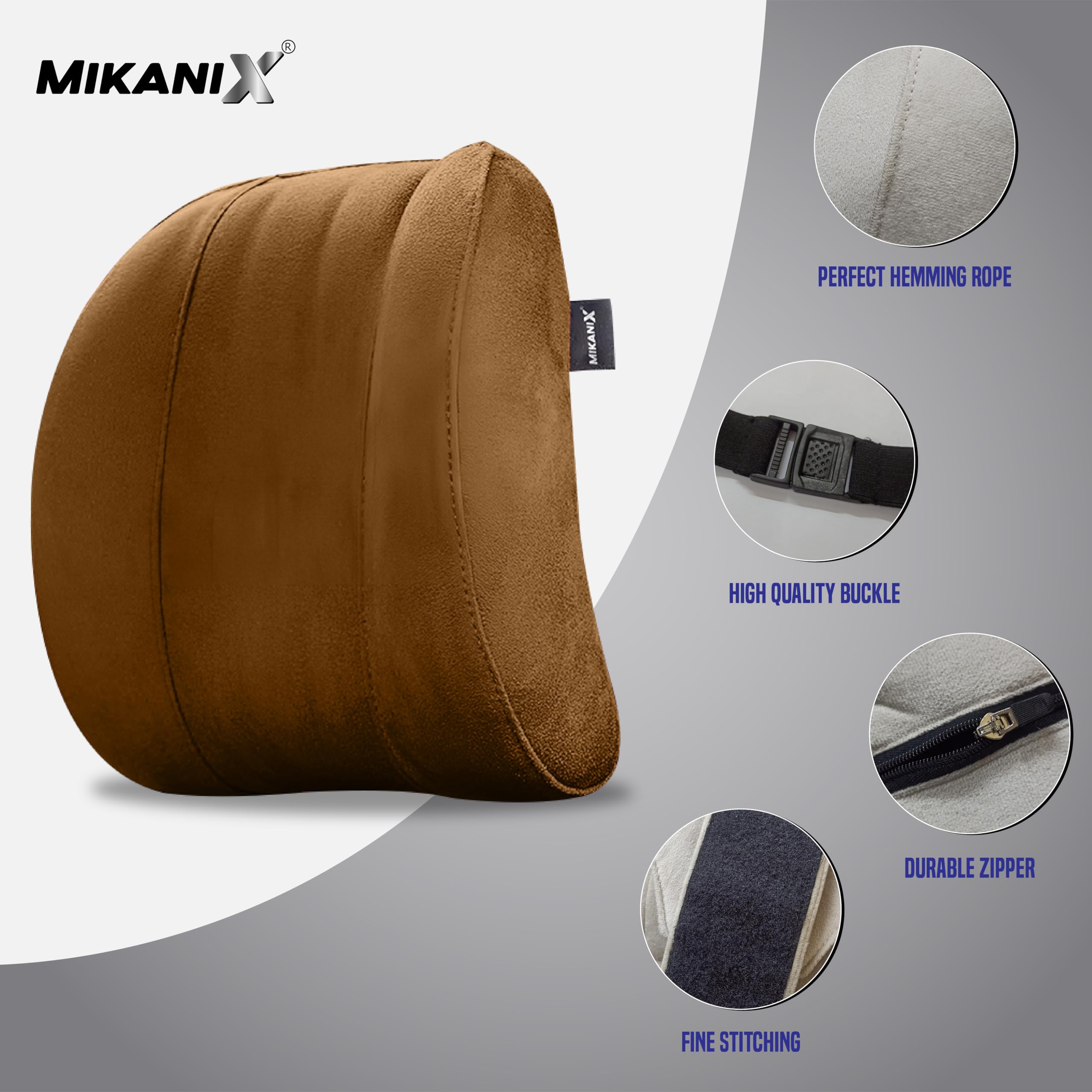 MIKANIX Car Headrest Pillow | Polyfill Fiber Cotton Neck/Head Support Cushion | Ergonomic Travel Headrest | Comfortable Car Seat Pillow | Breathable Soft Cover | Universal Fit (Brown)