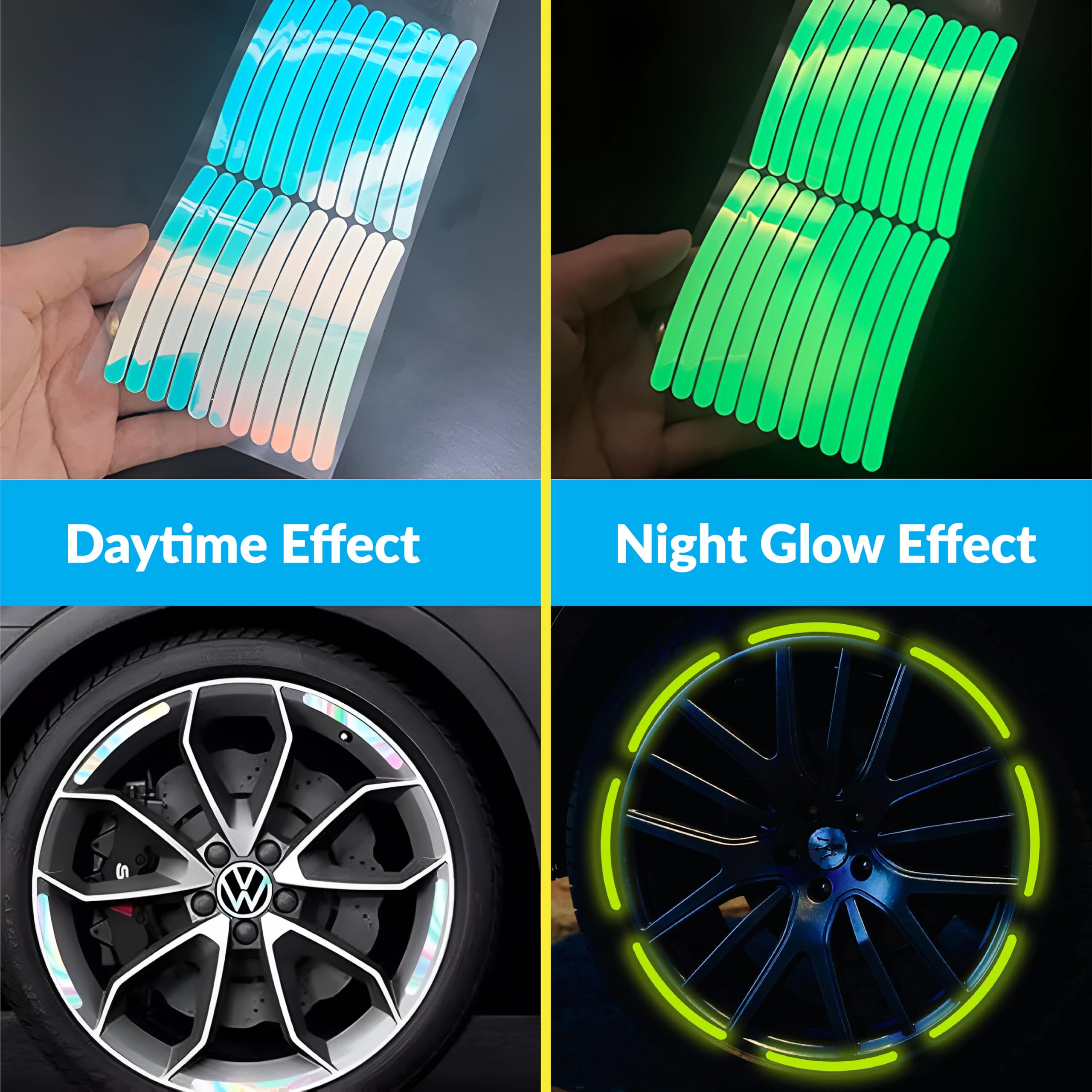 MIKANIX 20pcs Reflective Rim Tape Stickers for Car & Bike Wheels I Multicolor Tyre Strips for Night Visibility Waterproof Glow in Dark Wheel Decals – Universal Fit for Rims, Tyres, Spokes