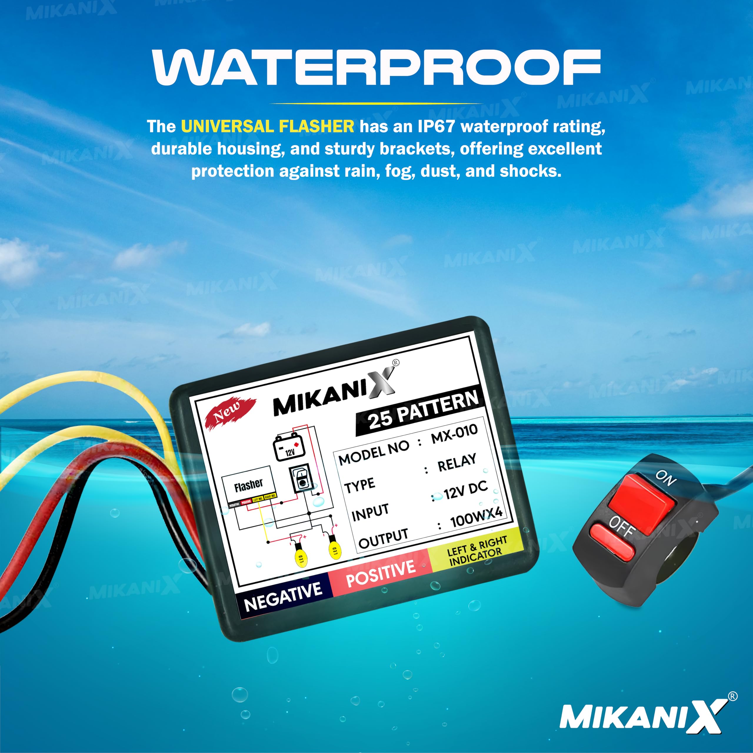 Mikanix Universal for Bike Hazard Flasher/Blinker Waterproof 16 Patterns Flasher Relay for LED/Bulb Indicators with Pattern Changer Switch