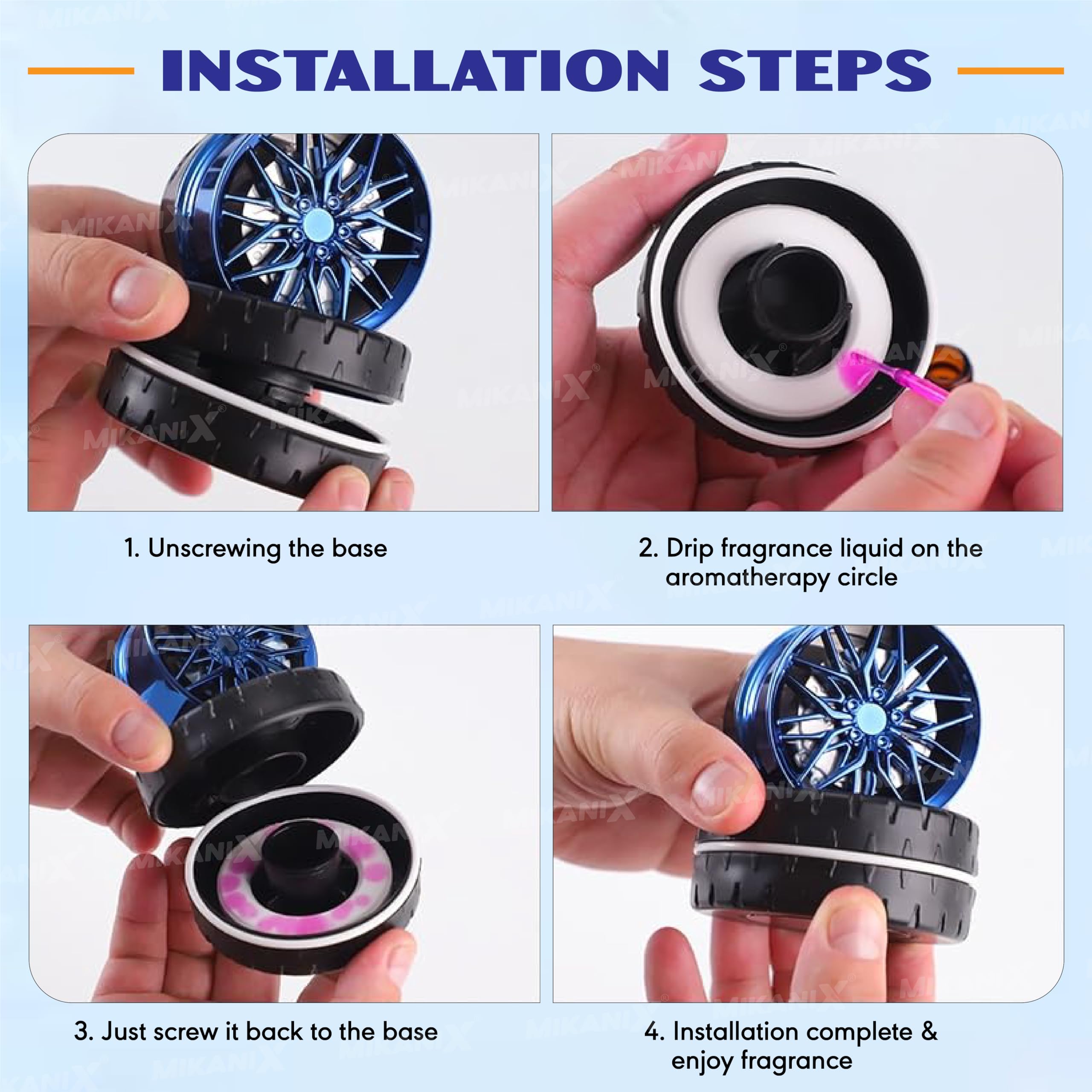 Mikanix Solar Rotating Car Dashboard Air Freshener/Perfume Diffuser | Metal Body & Alloy Wheel Hub Design with Perfume Liquid for Car Interior Decoration Accessories
