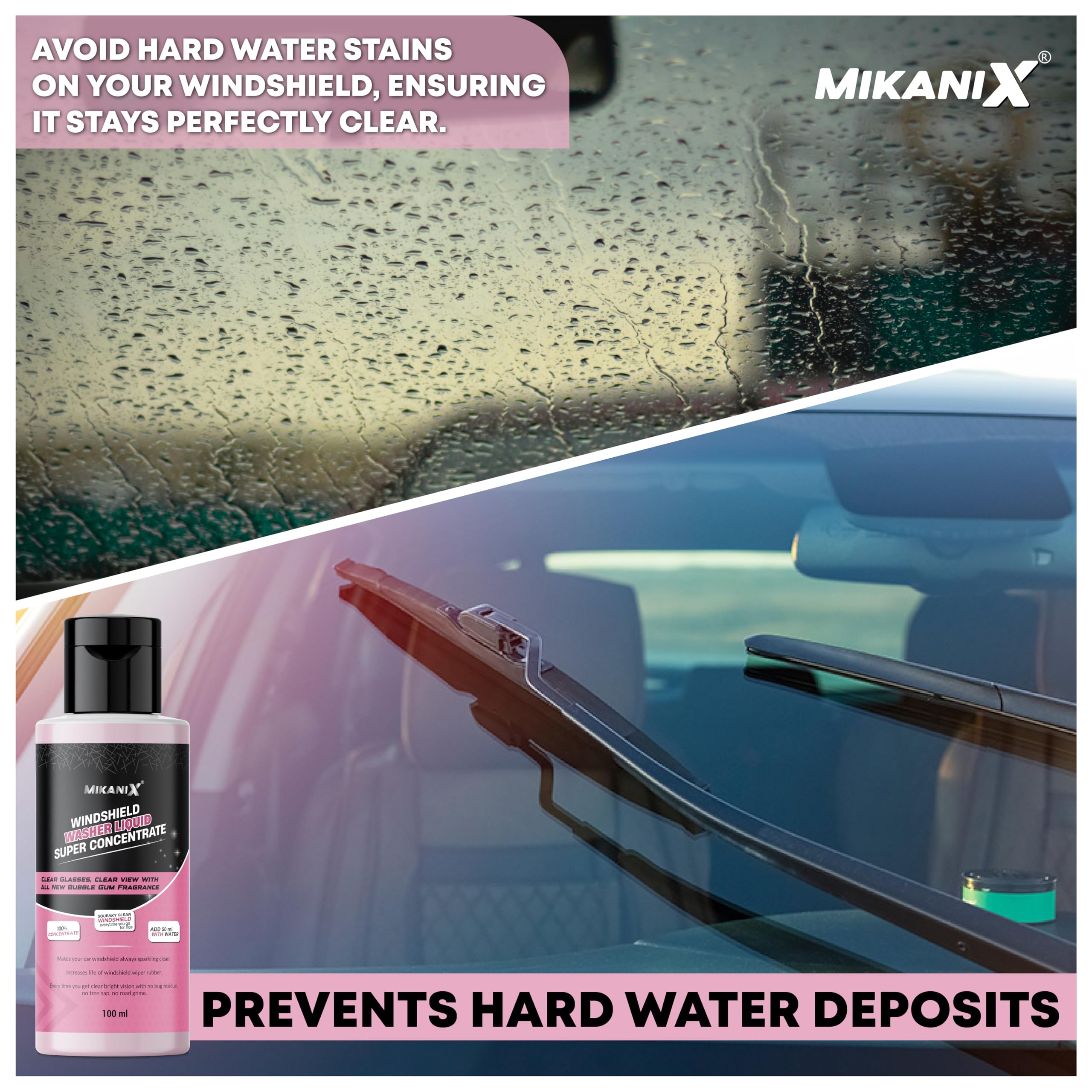 MIKANIX Windshield Washer Fluid For Car | Car Glass & Wiper Cleaner Liquid | Concentrate Form | To Remove Dirt, Grime and Bugs | Improve Visibility | Antifreeze Protection