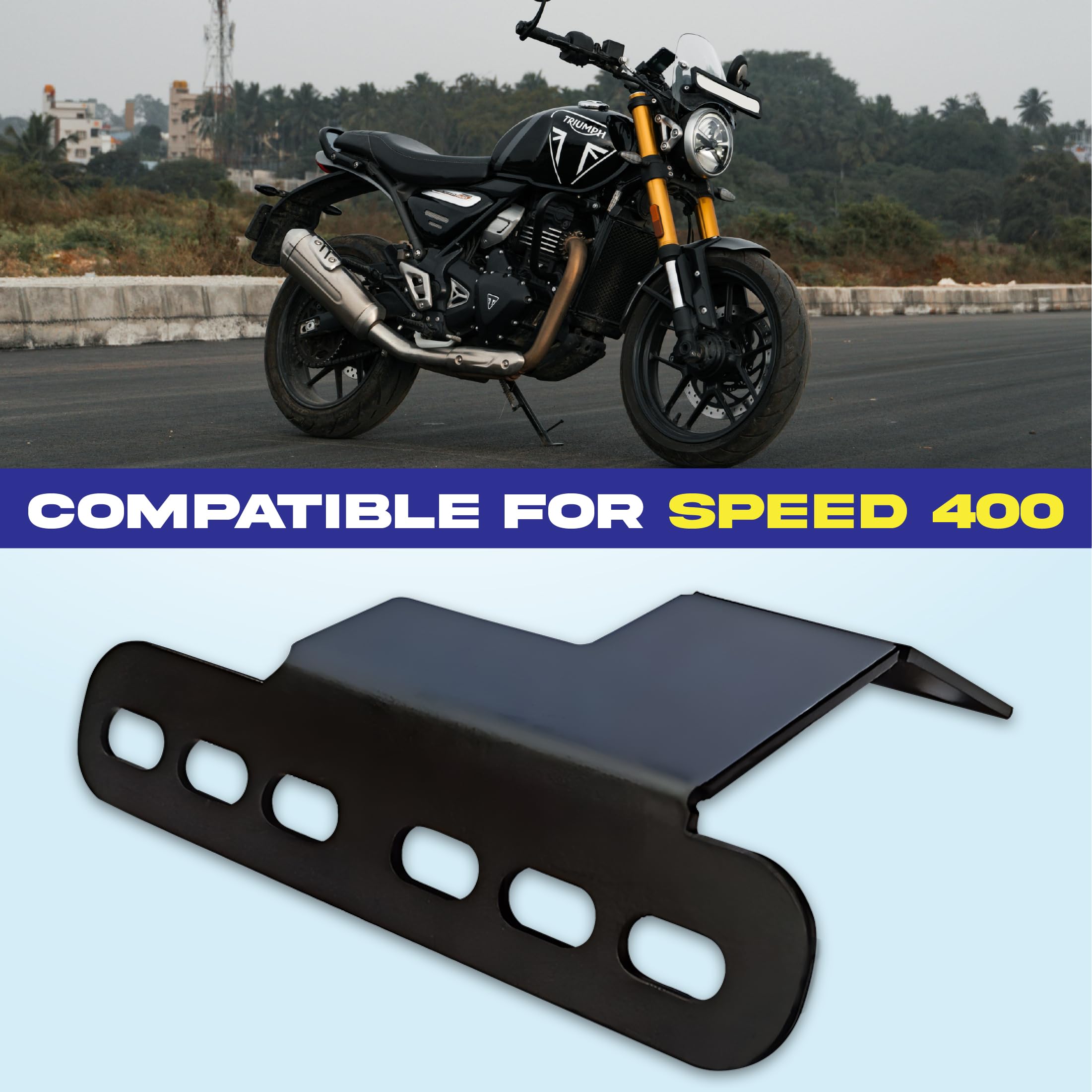 OBEROI'S TRADERS Front Number Plate Holder for TriʊʍpH Speed 400/Scrambler 400X | CNC Metal Mount with Unique Design | Easy Fitment on USD Forks | Black Finish for Bikes