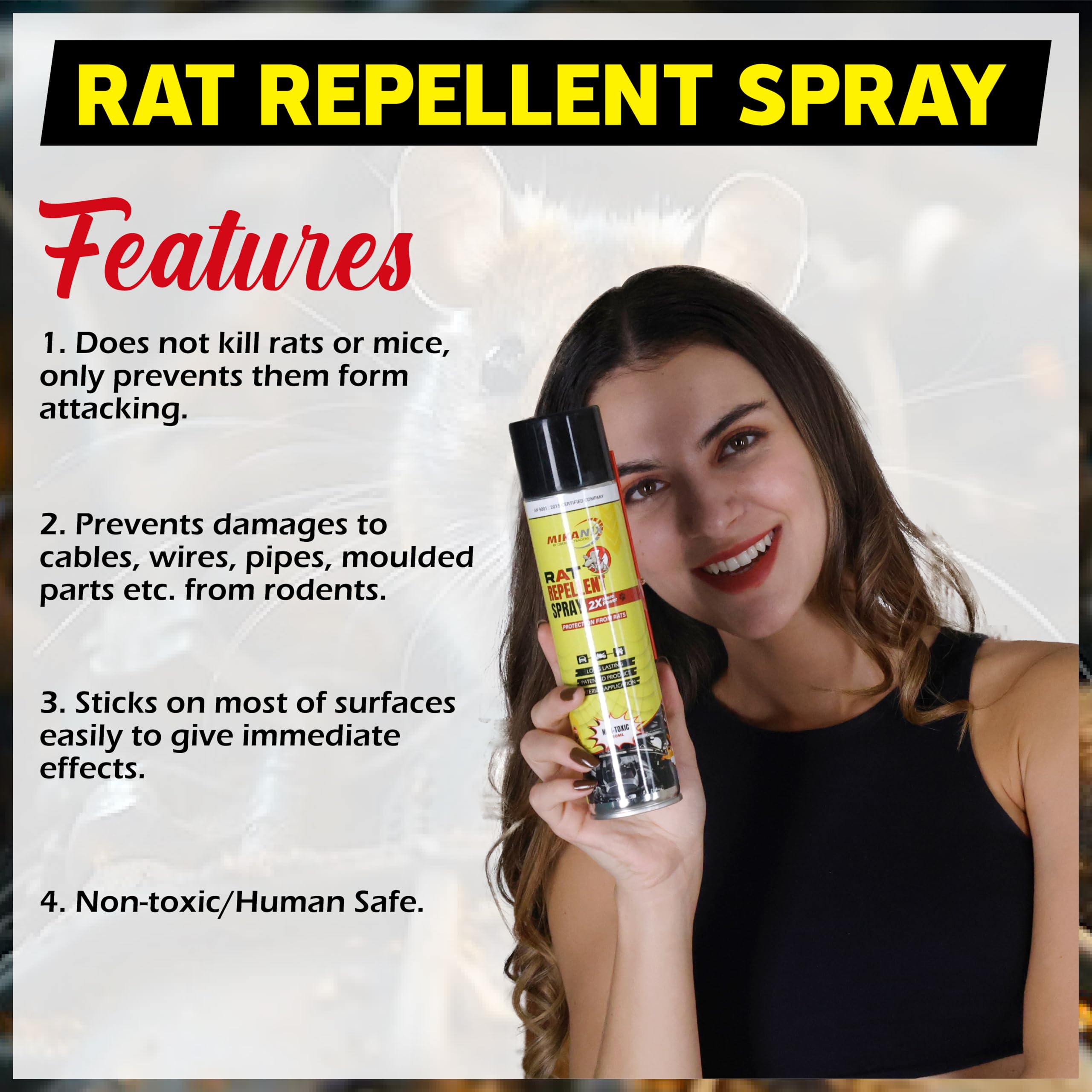 MIKANIX Rat Repellent Spray | Rodent Repellent For Home, Bike & Car | Protects Wires in Car, Bike and Home | For Storage Room | Engine Wiring & Home Wiring Protection (150 ML)