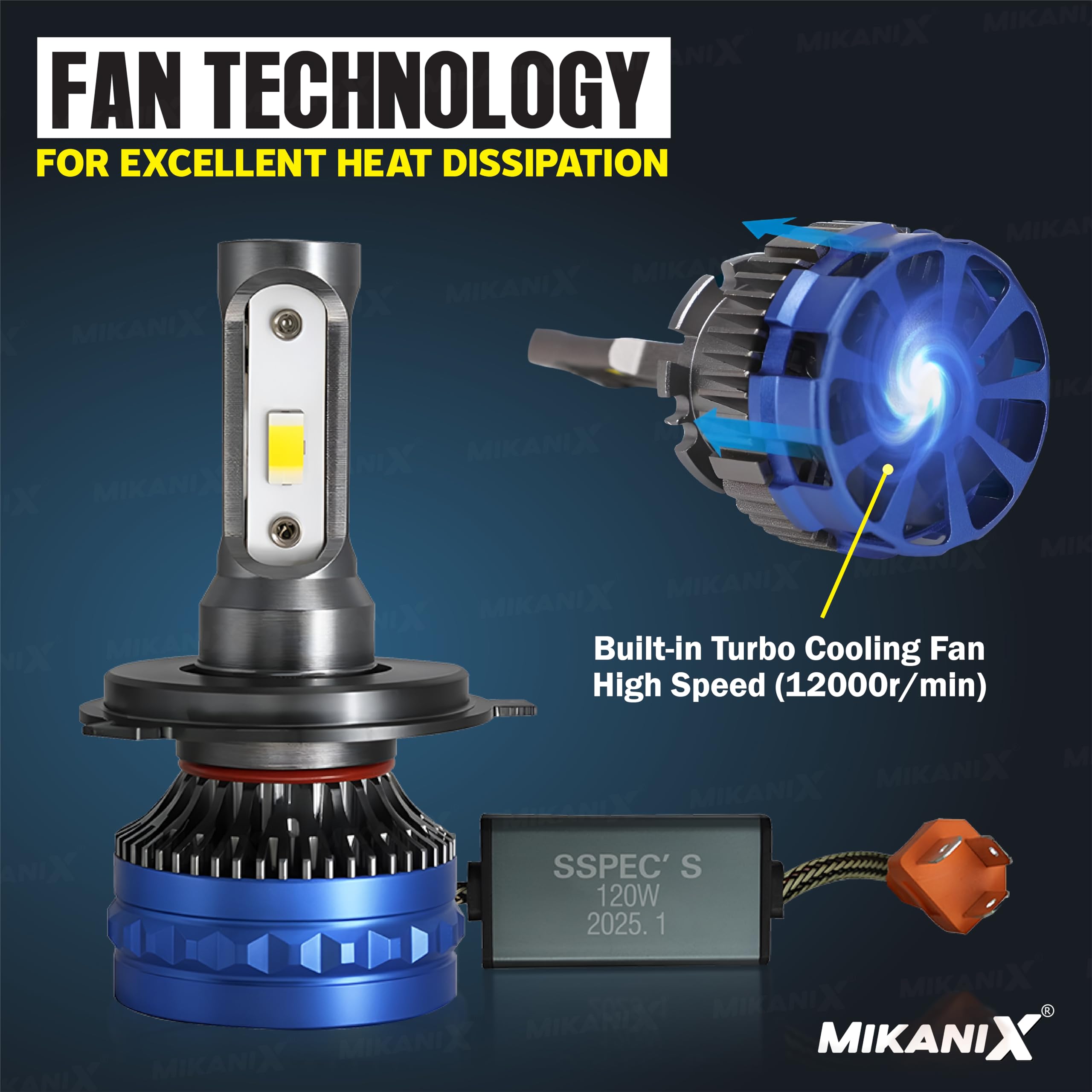 MIKANIX 1 YEAR WARRANTY Ultra Bright H4 Fitting 120 Watt LED Headlight Bulb|High And Low Beam|Lens Projector Headlamp Bulb With Cooling Fan For All Bikes & Scooters, White