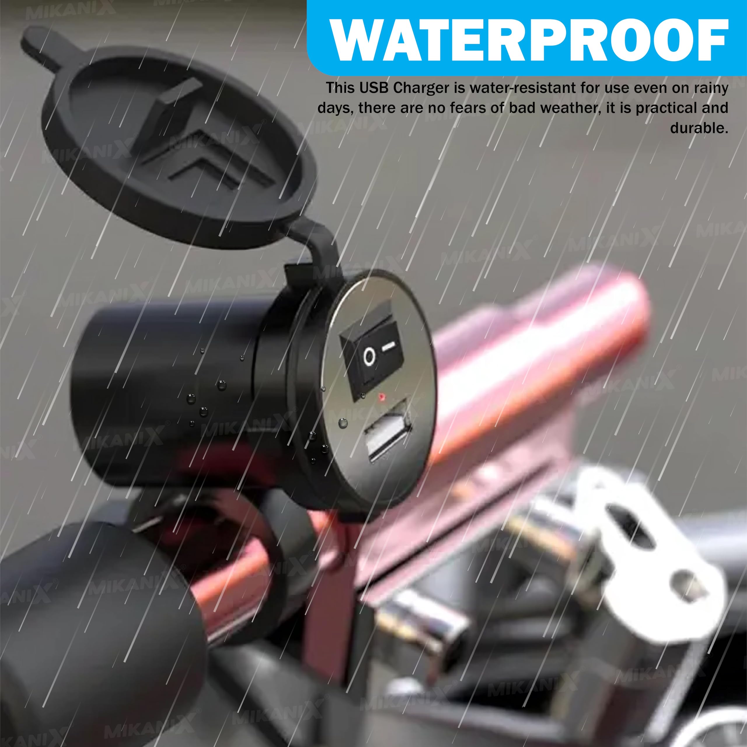 OBEROI'S TRADERS Waterproof Mobile USB Charger | Adapter Socket | Fast Charging Output : 5V-1.5A | Switch On/Off Button with Silicone Cover for Bike and Scooty