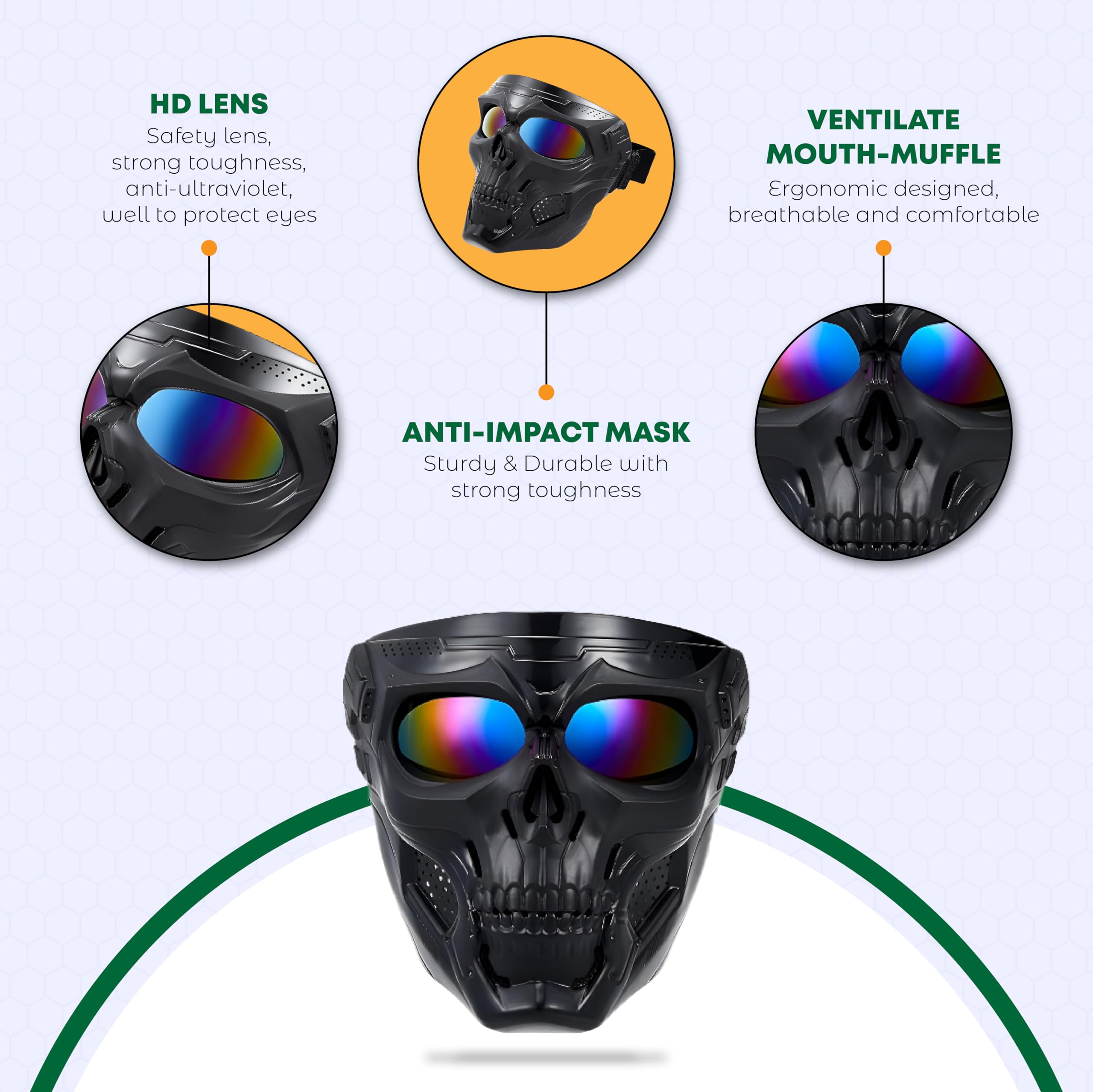 MIKANIX Skull Face Mask with Rainbow Goggle for Bike Riding, UV Protective Anti-Scratch Eyewear | Windproof Dust Shield for Cycling, Off-Road, Racing | Unisex Motorcycle Face Cover