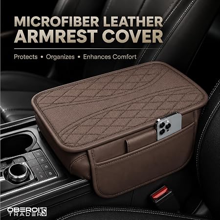 MIKANIX Car Center Console Armrest Cushion | Waterproof Leather Car Armrest Pad with Cup Holder, Phone Slot & Tissue Organizer for Top Hinged Consoles