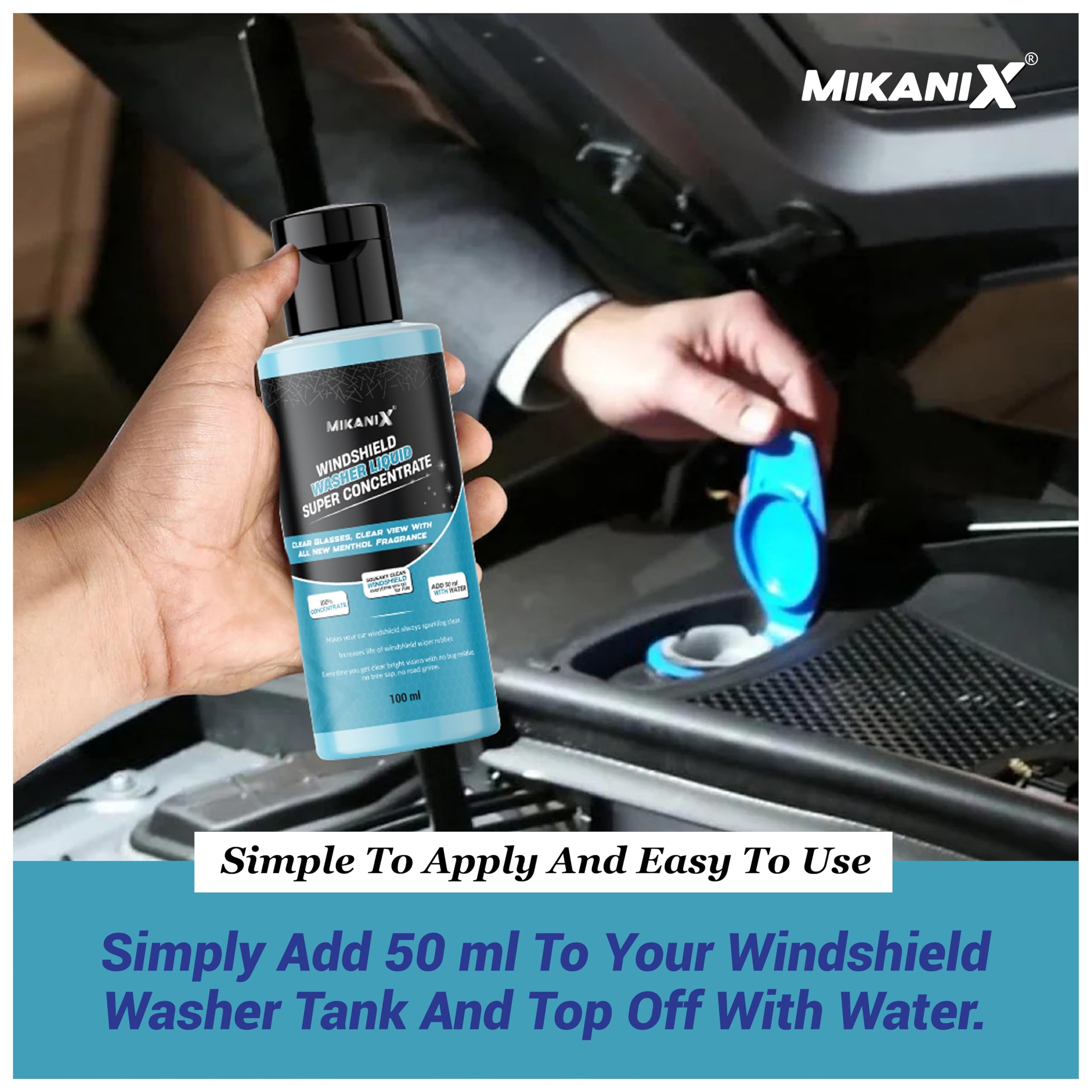MIKANIX Windshield Washer Fluid For Car | Car Glass & Wiper Cleaner Liquid | Concentrate Form | To Remove Dirt, Grime and Bugs | Improve Visibility | Antifreeze Protection