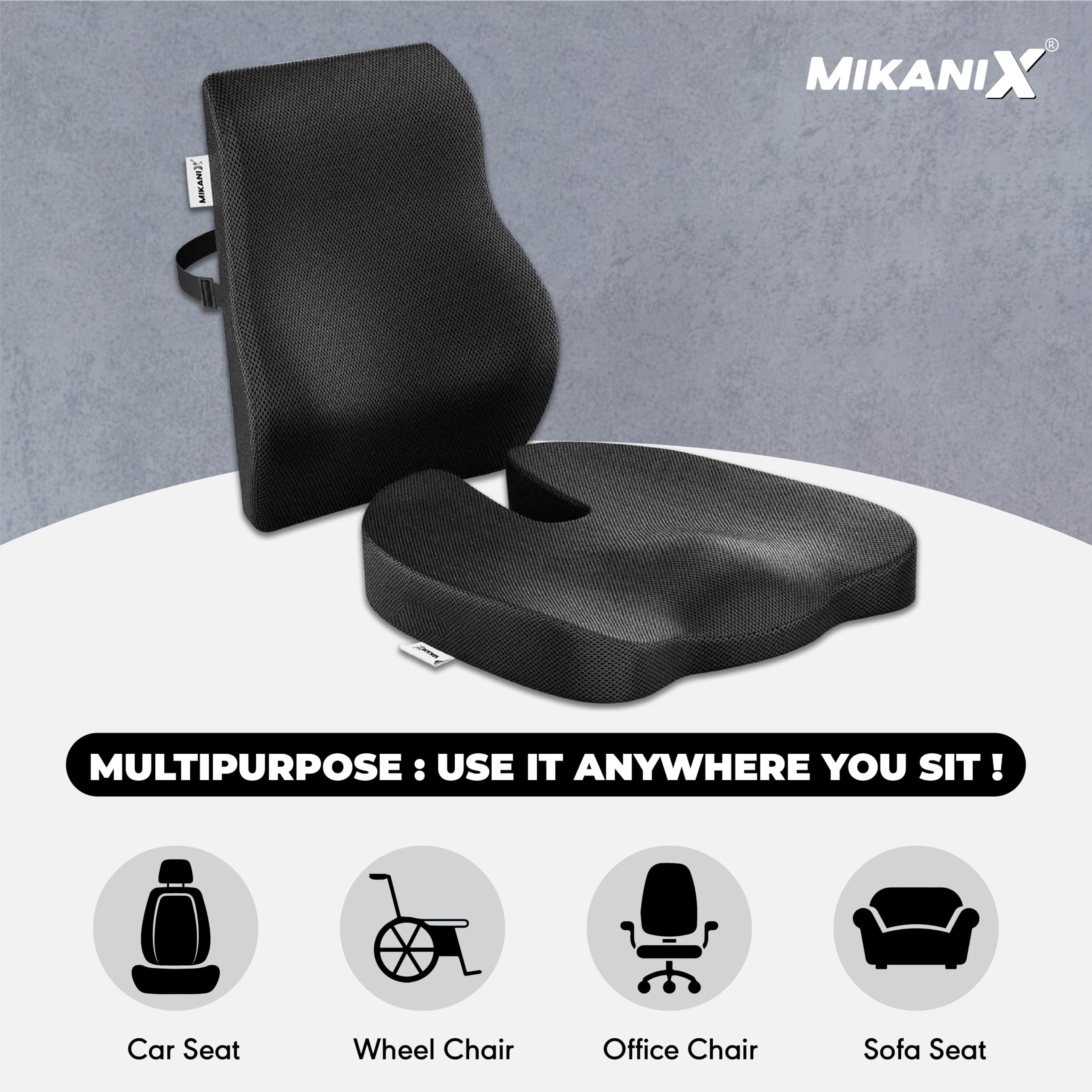 OBEROI'S TRADERS 2 Years Warranty Back Lumbar Support & Orthopedic Coccyx Seat Cushion Combo for Car Seat, Office & Home to Relief Back, Sciatica & Hip Pain and Posture Correction