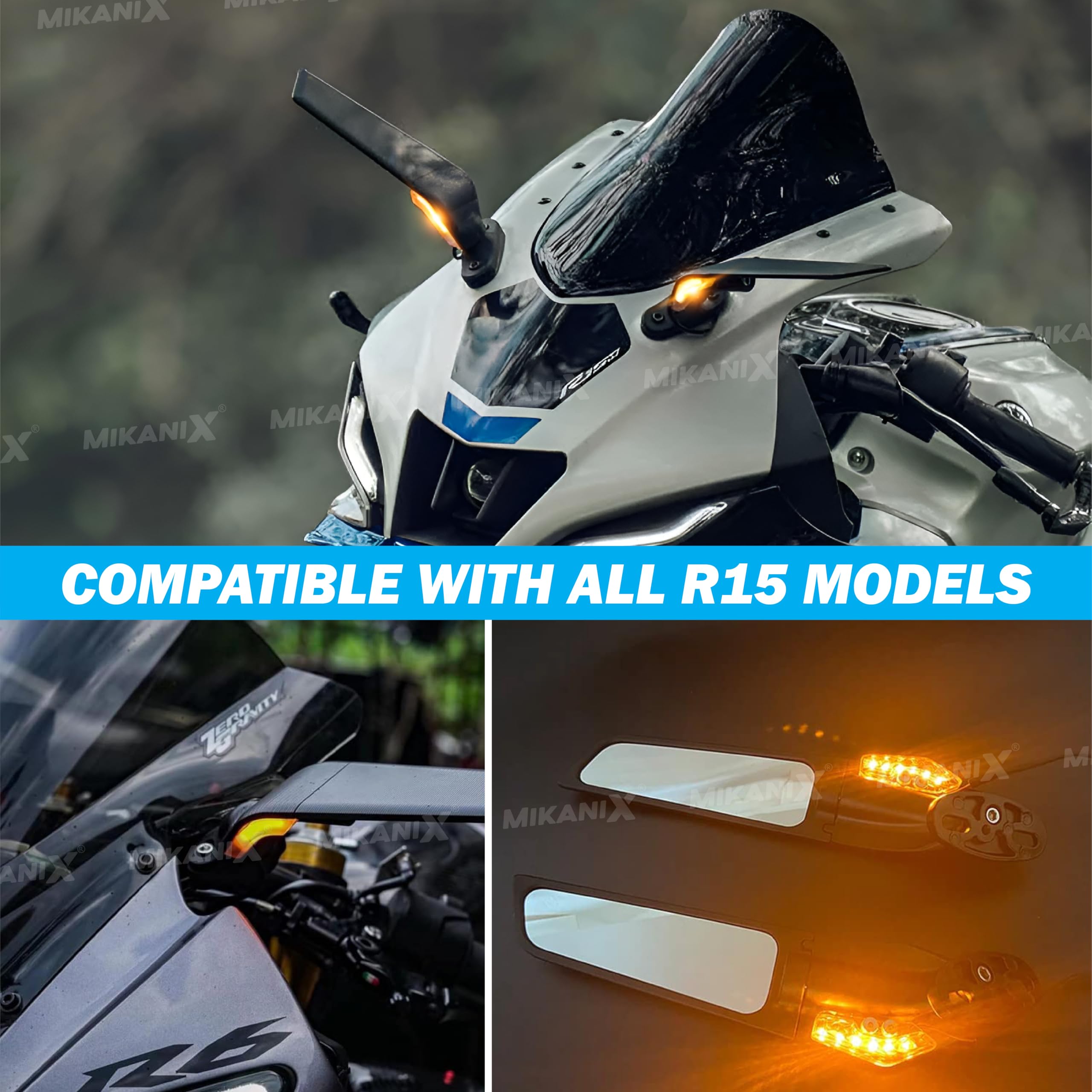 MIKANIX 360° Adjustable Moto GP LED Stealth Wings Rear View Mirror | Bike Fairing Kit For Yamaha R15 V3, V4 & M